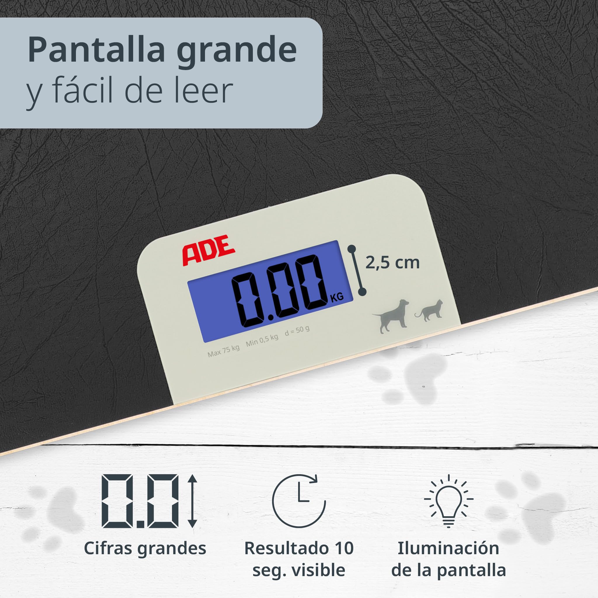ADE Báscula digital para animales de hasta 75 kg | Báscula para perros con pasos de 50 g | para mascotas pequeñas y medianas | superficie amigable con las patas | también como báscula para gatos y