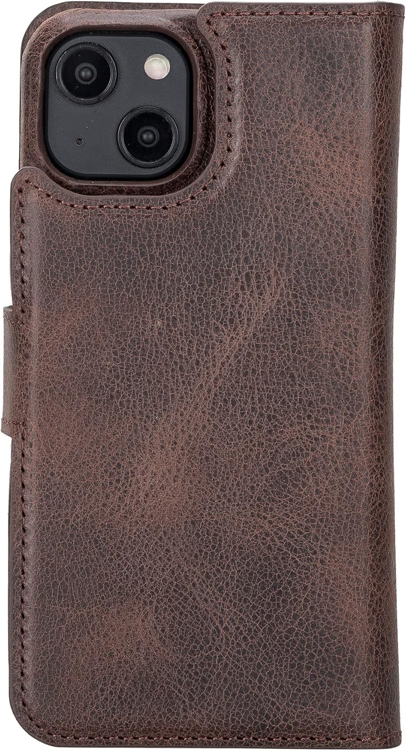 Venito Florence Wallet Case for iPhone 14 Leather Folio Case with RFID Blocking Non Magnetic Detachable Phone Case (Dark Brown)