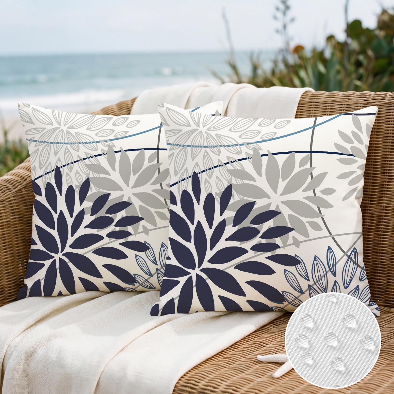 Artscope Outdoor Waterproof Dark Blue Light Gray Cushion Covers Geometric 45x45cm Set of 2 Dahlia Floral Pillowcases Outdoor Flowers Pillow Covers for Patio Garden Bench Sofa Farmhouse Decor โ image 1