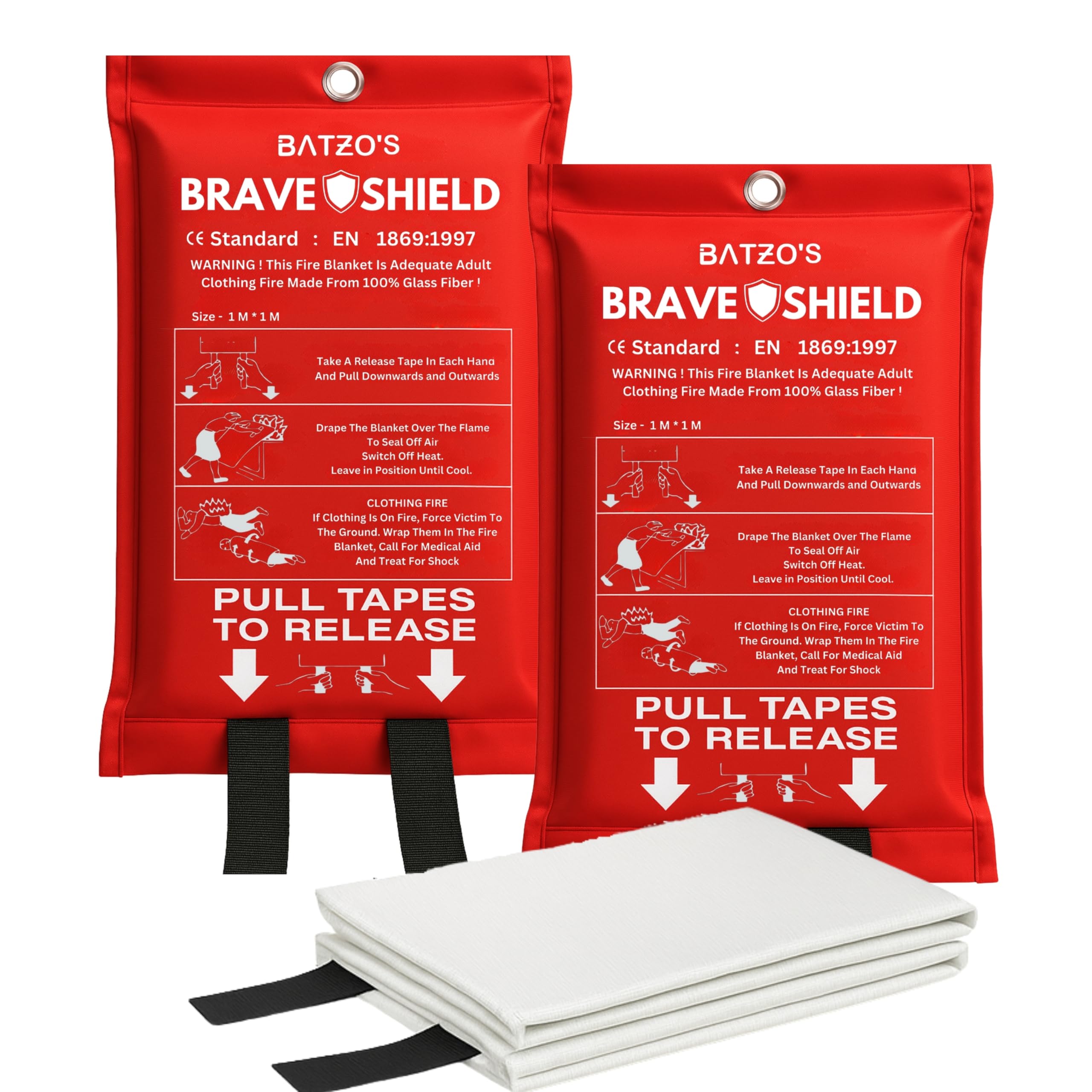 Batzo's BraveShield Emergency Fire Blanket 40"x40" 2-Pack – Premium, Lab-Tested, Fireproof, Heat-Resistant, CE Certified for Home, Kitchen, Car and Outdoor Safety