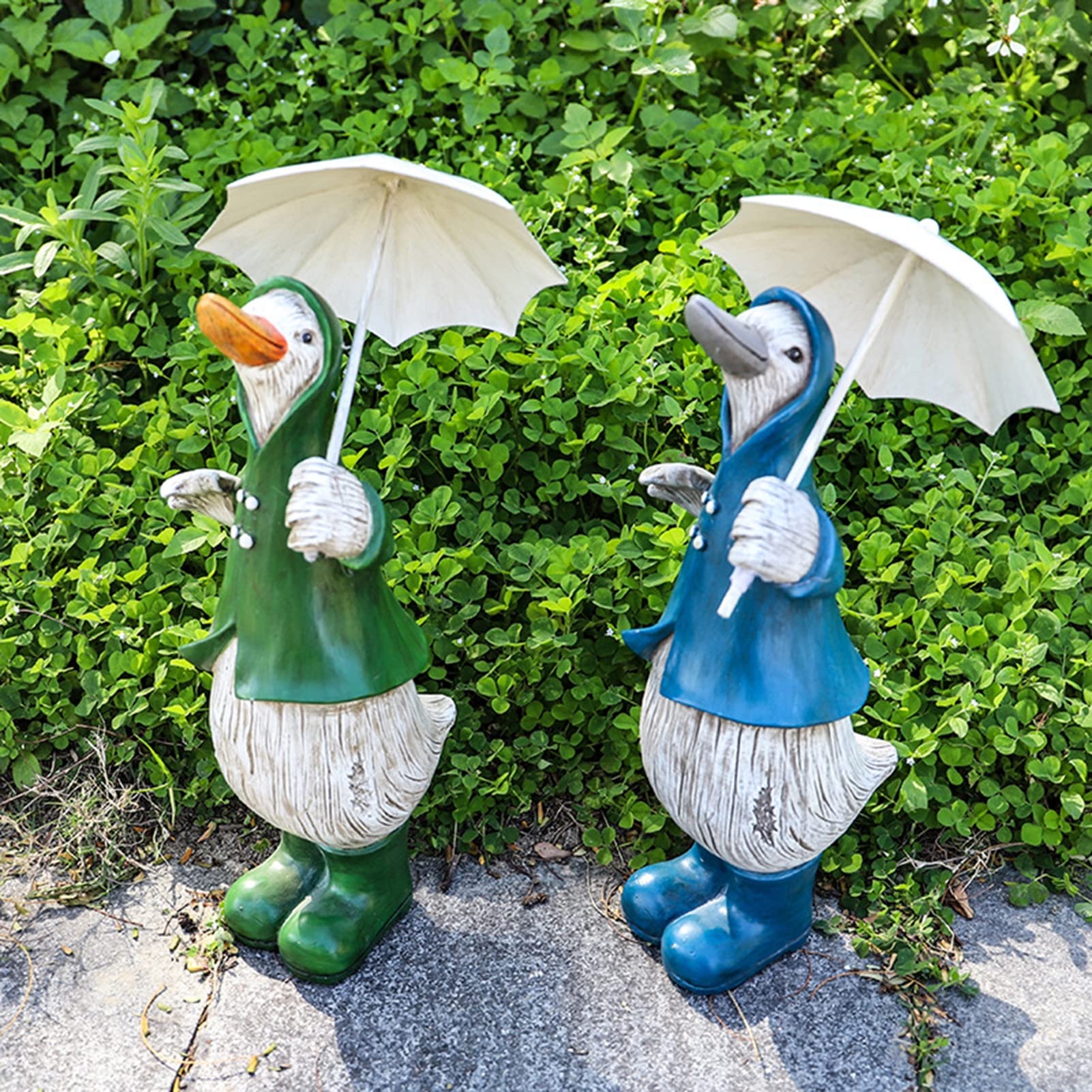 Figurka zwierzęcia ogrodowego, realistyczna rzeźba z kreskówki kaczki z parasolem, trwała żywiczna statua, ozdoba patio, podwórka, biura lub trawnika, zielona(Niebieski