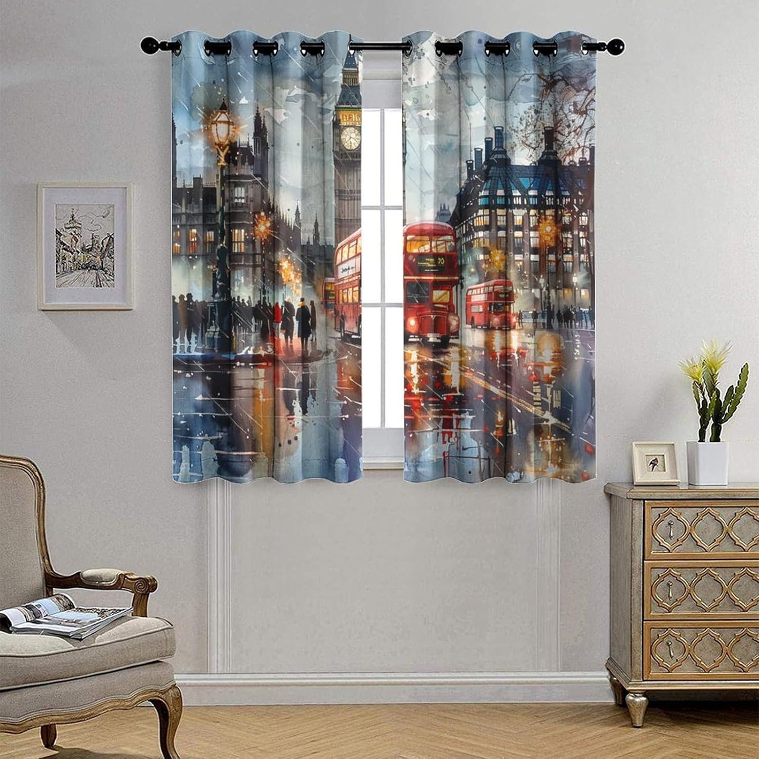 England London Street Blackout Curtains for Bedroom/Living Room, Famous Cityscape Landmark Grommet Curtains Thermal Insulated Window Drapes, 2 Panels, Each 21W x 45L