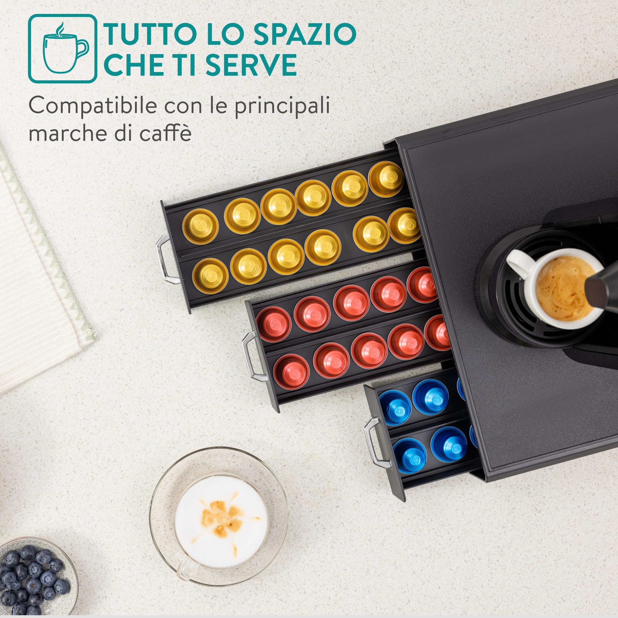 Navaris Porta Cialde Caffe - Porta Capsule con 3 Cassetti Compatibile con Capsule Standard - Cassetto Porta Cialde Moderno ed Elegante - Portacialde da Caffè o Tè - Nero
