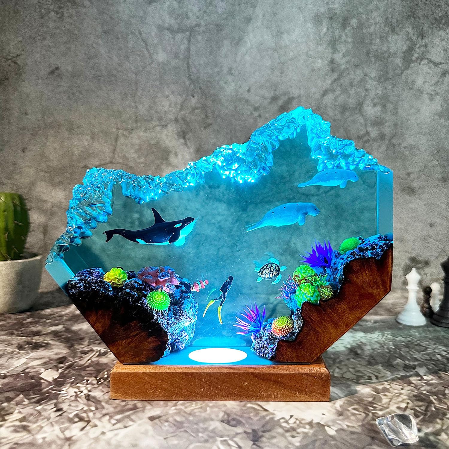 Lampy z żywicy, unikalna dekoracyjna lampka nocna oceaniczna z kolorową podstawą świetlną do domowego biura i sypialni, dekoracja biurka do nurkowania głębinowego, artystyczna ozdoba