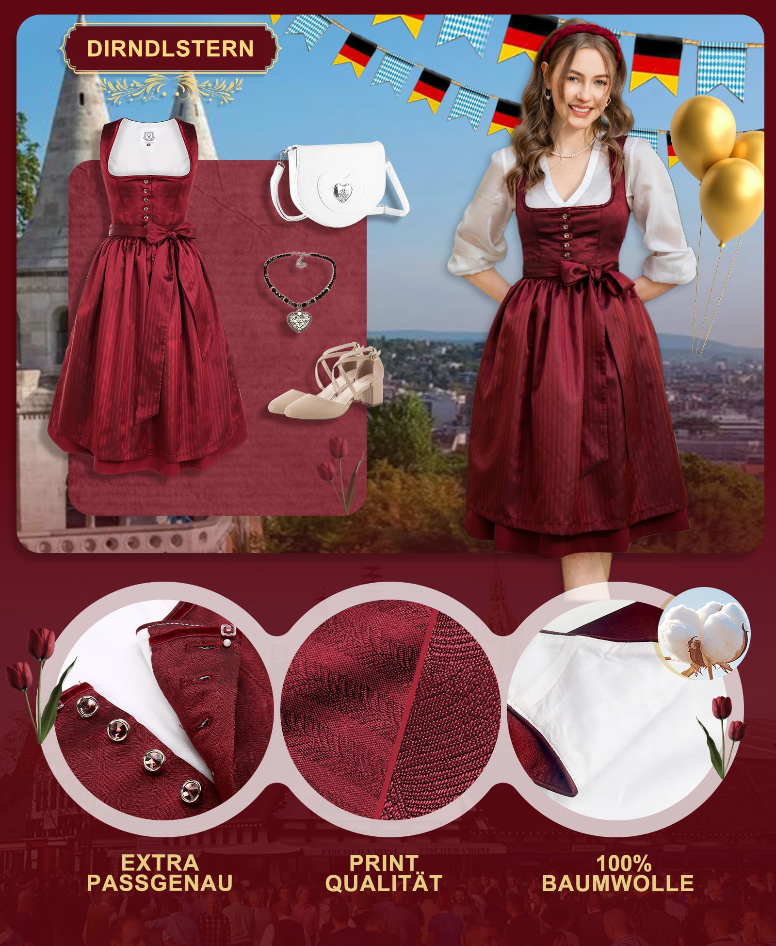 DIRNDLSTERN Damen Midi Rot –Trachtenkleid Damen Dirndlkleid mit Plissee Dirndlschürze für Oktoberfest