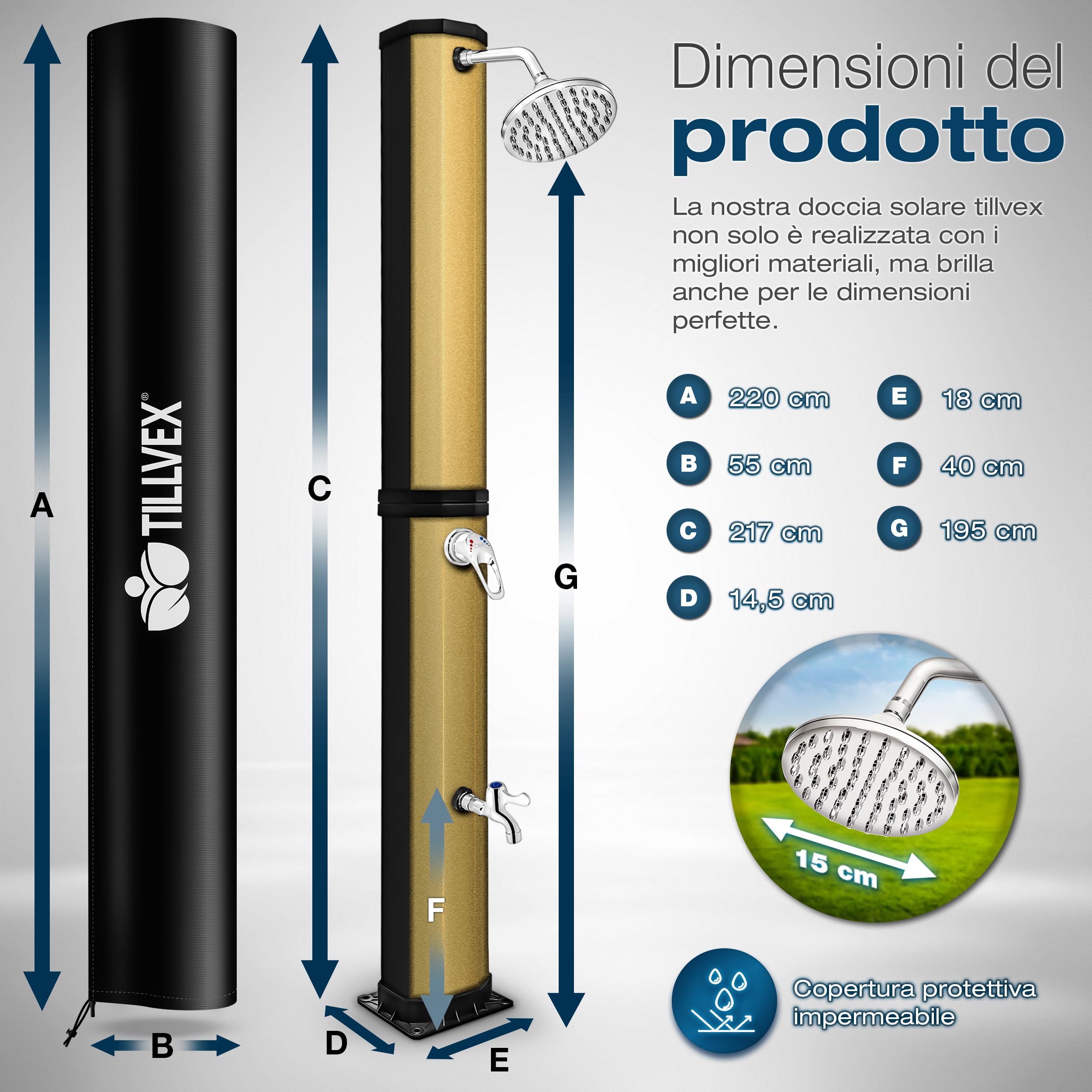 tillvex Doccia Solare con Coperchio di Protezione, Doccia da Giardino a energia Solare, per Piscina, Senza Collegamento di Alimentazione, con Rubinetto (Nero/Oro, 35 Litri)