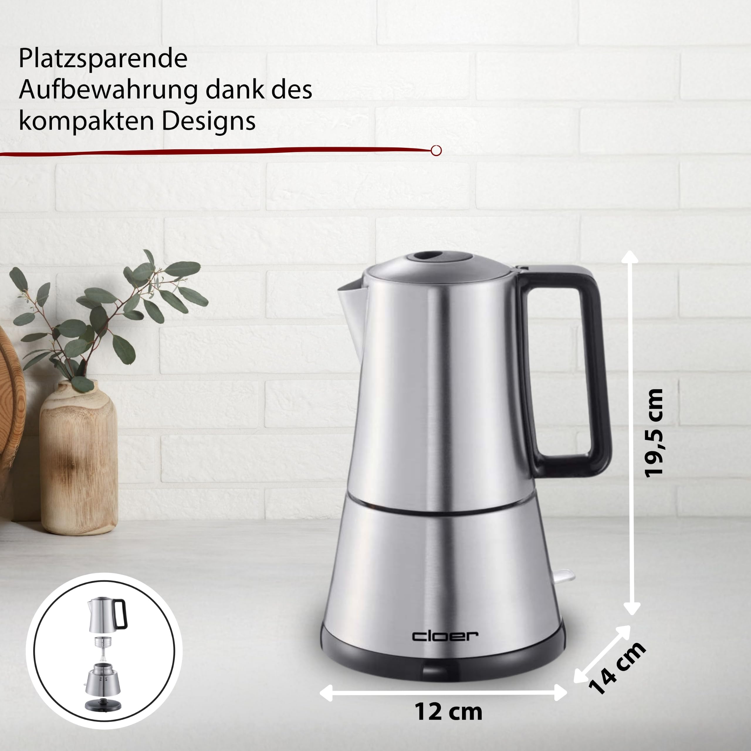 Cloer 5918 Moka Maker, elektrischer Espressokocher für 3-4 Tassen, Edelstahleinsatz, Sicherheitsabschaltung, Sicherheitsventil, An-/Ausschalter, Edelstahl, 365 W