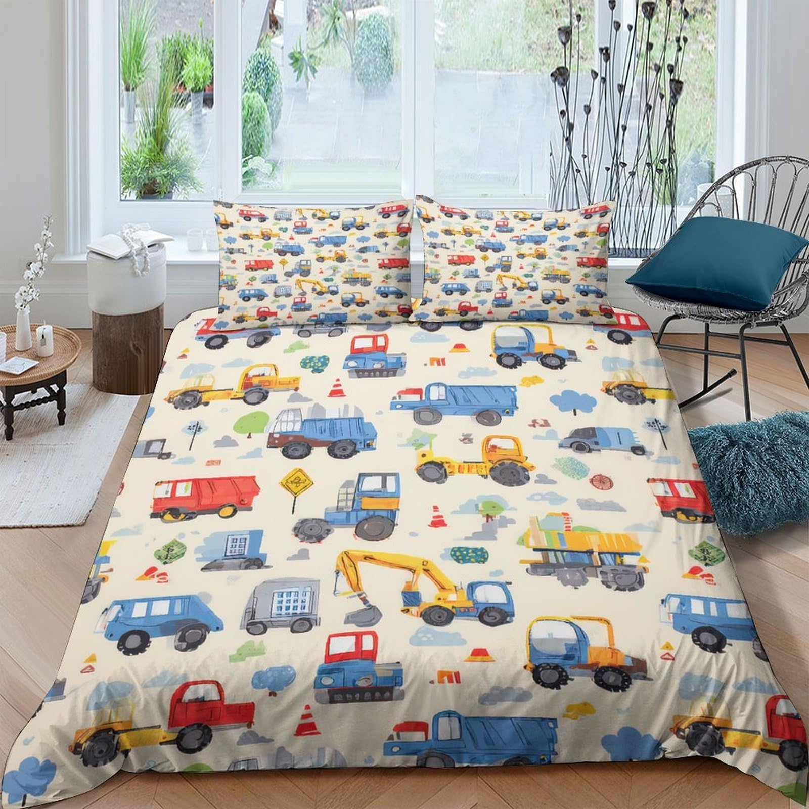 Ctjqhvkz Style-4 3D Printed Construction Vehicles Fitted Sheet Microfiber Soft Anti-Slip Cartoon Trucks Mattress Cover For Bedroom Dorm Protector Decor Single（135X200cm）