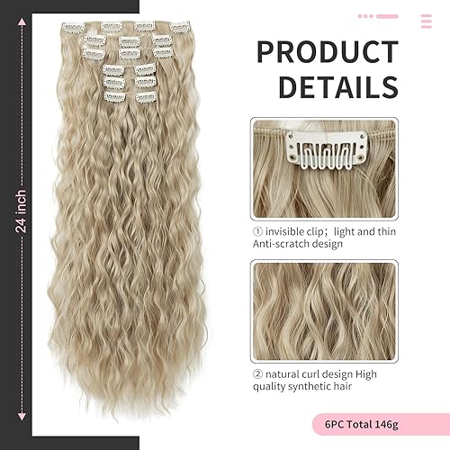 Miniatura 2 de FLUFYMOOZ Extensiones de cabello con pinzas, extensiones de cabello sintético ondulado con clip, 6 unidades, para mujer, 24 pulgadas (rubio ceniza