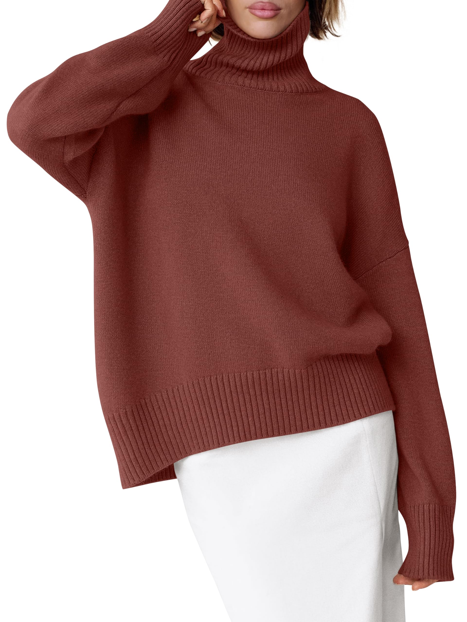 Womens Turtleneck Sweaters Oversized Chunky Long Sleeve Knit High Low Hem Pullover Top 2026 Fall Winter Fashion, Rust, X-Large-image-18