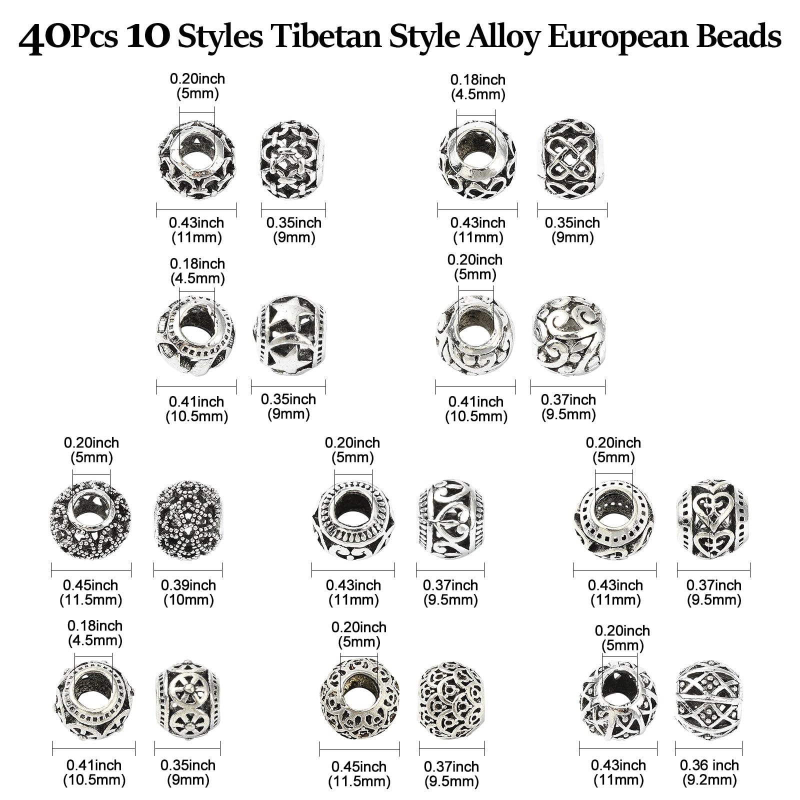 UR URLIFEHALL 40 Pcs 10 Styles Tibetan Style Antique Silver Spacer Beads Large Hole Round Beads for Jewellery Making Bracelets Hairband Crafts - Image 2