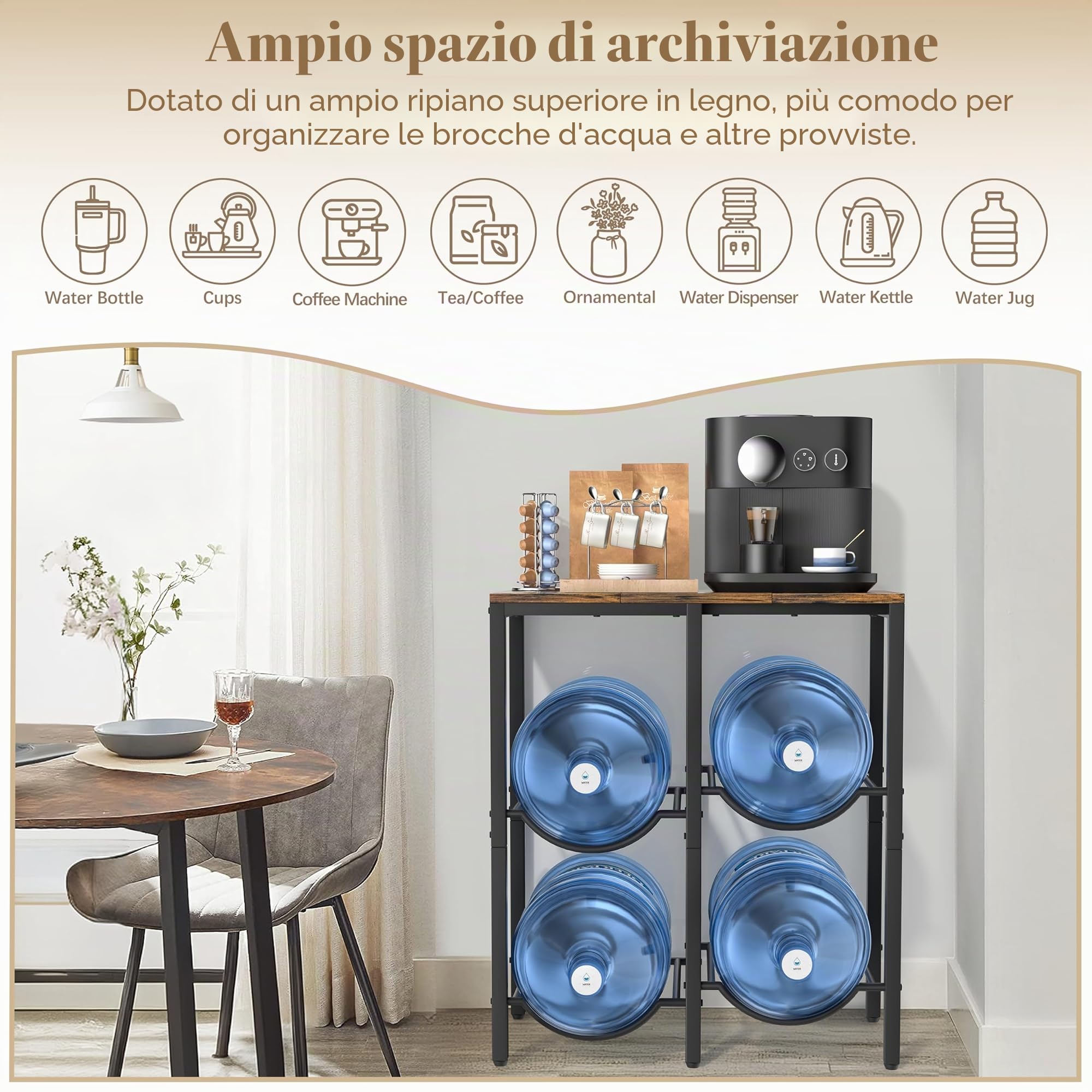 Bikoney Portabottiglie Acqua 19L, Supporto 3 Ripiani con Mensola in Legno, Porta Taniche 4 Posti per Bottiglioni 5 Galloni, Scaffale Dispenser Acqua per Casa, Ufficio, Garage