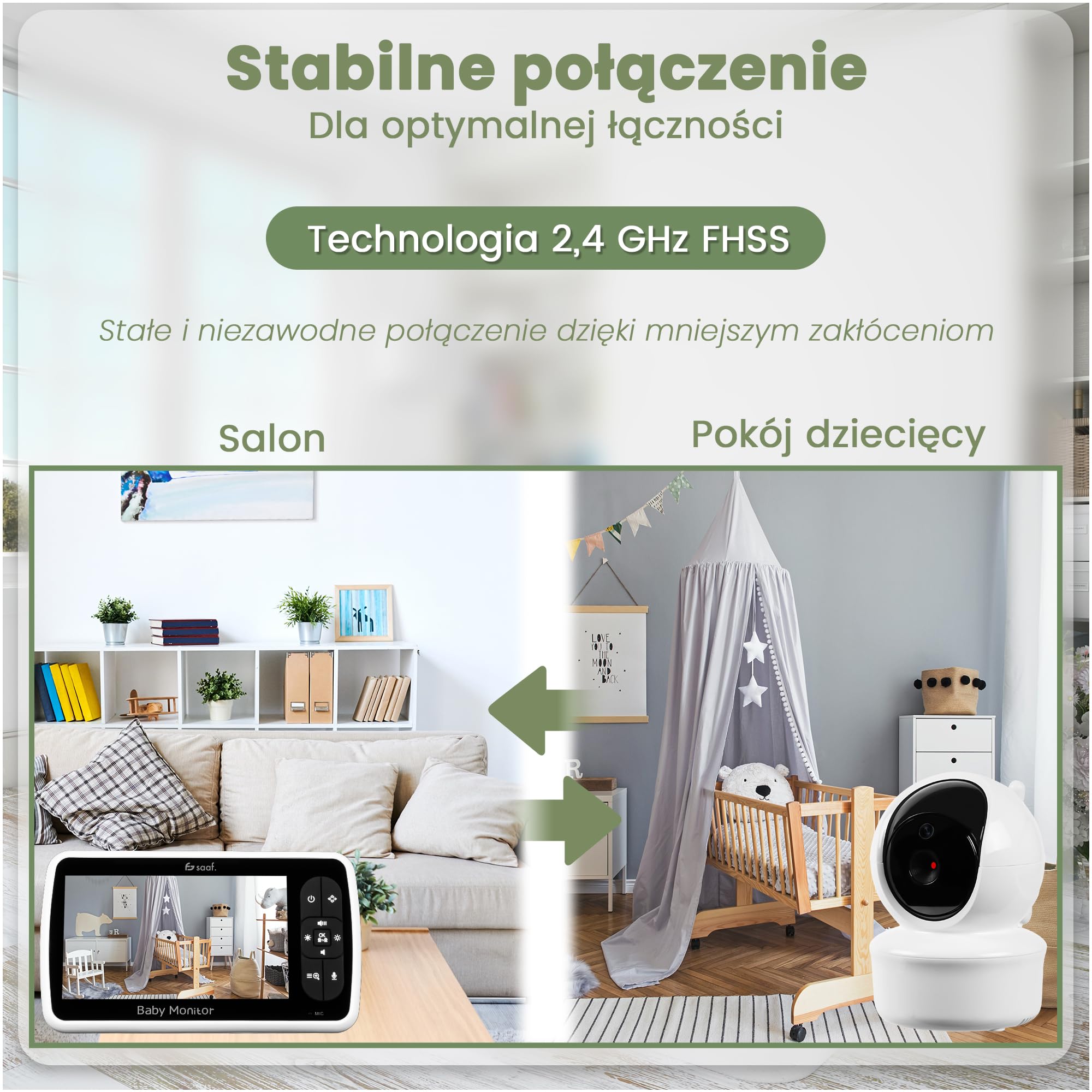Saaf Niania Elektroniczna z Kamerą i Ekranem 5” – Obracana i Nachylana Kamera z Funkcją Zoom – Funkcja Rozmowy & Widzenie Nocne – Regulowana Jasność – Elastyczny Stojak w Zestawie