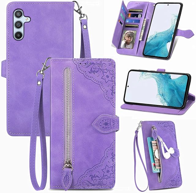 Samsung A34 5G Case Zipper Pocket Flip Shockproof Leather Folio Wallet Case with 7 Card Holder Slots Stand Silicone Bumper Protector Cover for Samsung A34 5G Phone Case Girls Women, Purple