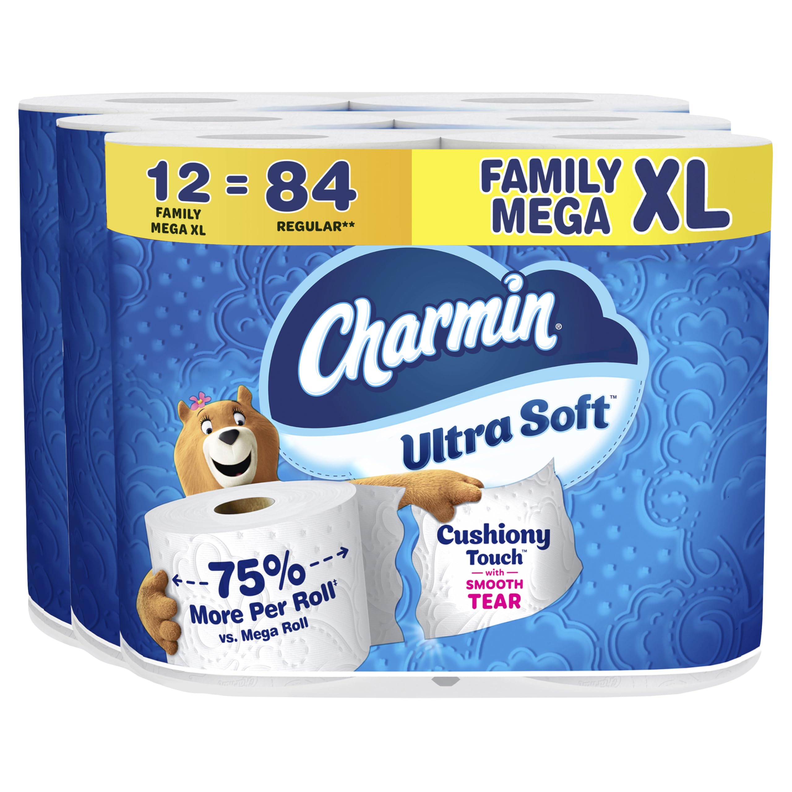 Charmin Toilet Paper Ultra Soft Cushiony Touch, 12 Family Mega XL Rolls = 84 Regular Rolls
