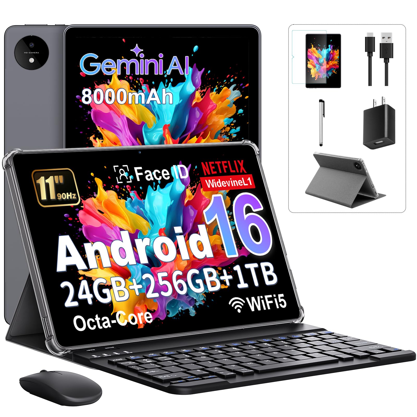 Android 16 Tablet - 11 Inch Tablet with Octa Core Processor, Gemini AI, 24GB RAM + 256GB ROM /1TB TF, 1920*1200 FHD IPS HD Display, 8000mAh, 8/13MP,