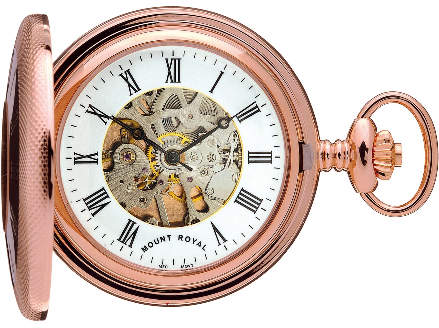 I LUV LTD Skeleton Half Hunter Pocket Watch Rose Gold Plated - 17 Jewel Mechanical - Box