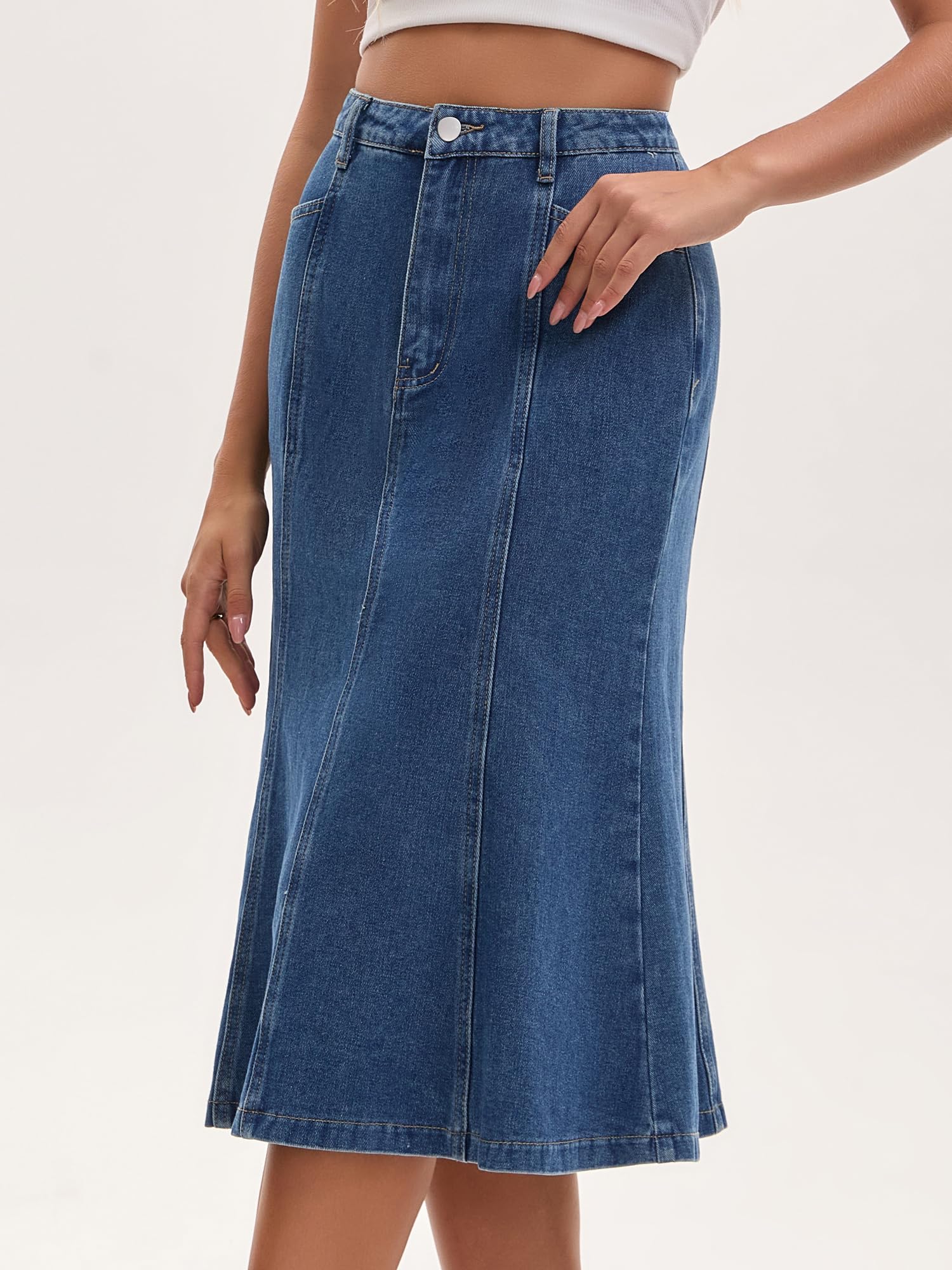 Donna Gonna Midi in Denim a Coda di Pesce | Vita Alta Orlo con Volant Lunghezza sotto il Ginocchio Vestibilità Aderente e Svasata Gonne Jeans Casual