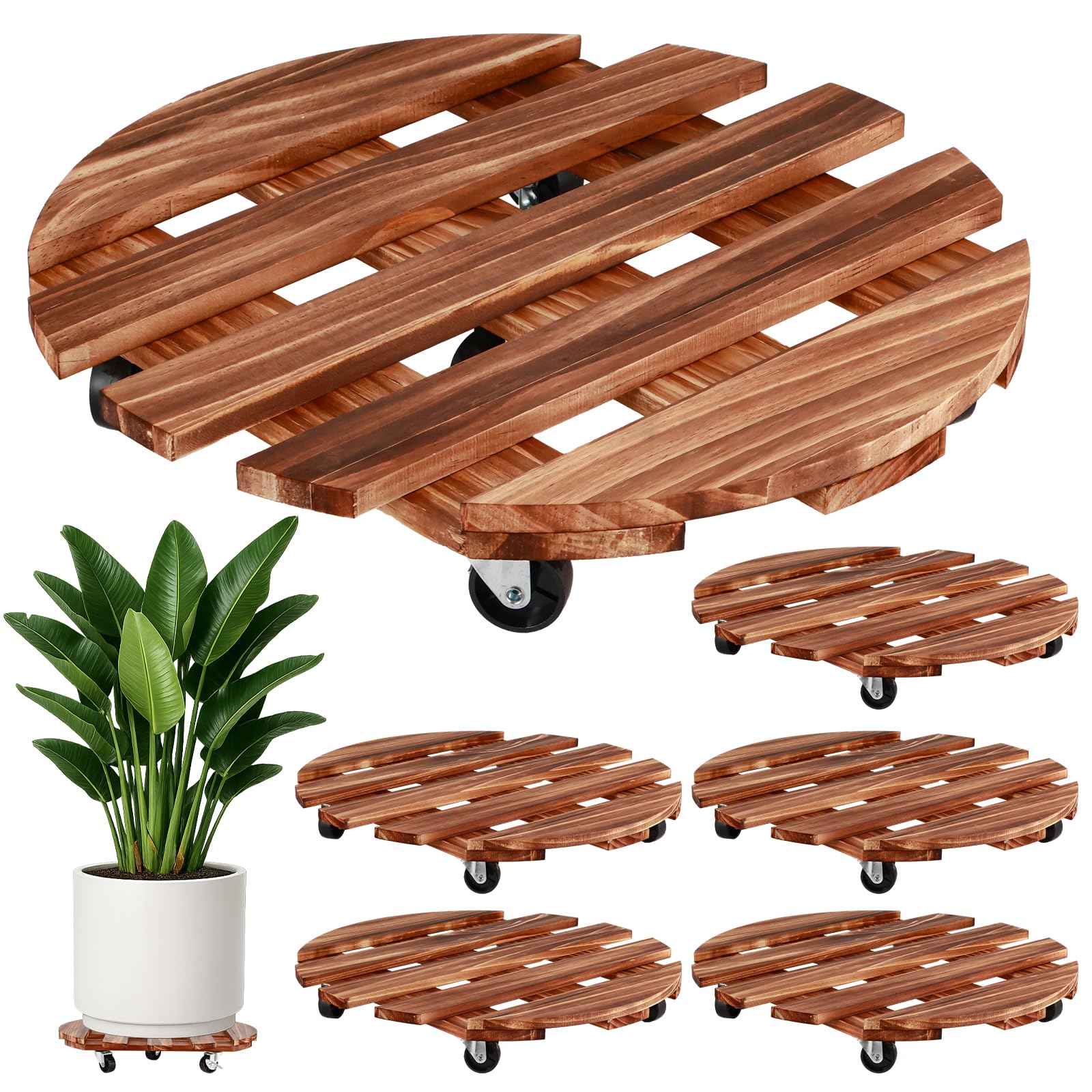 16 Inch Plant Caddy with Wheels, 6 Pack Rolling Plant Stand Rollers with Casters Wooden Plant Dolly with Wheels Heavy Duty Large Rolling Planter Base for Indoor & Outdoor Plants Wood Flower Stand