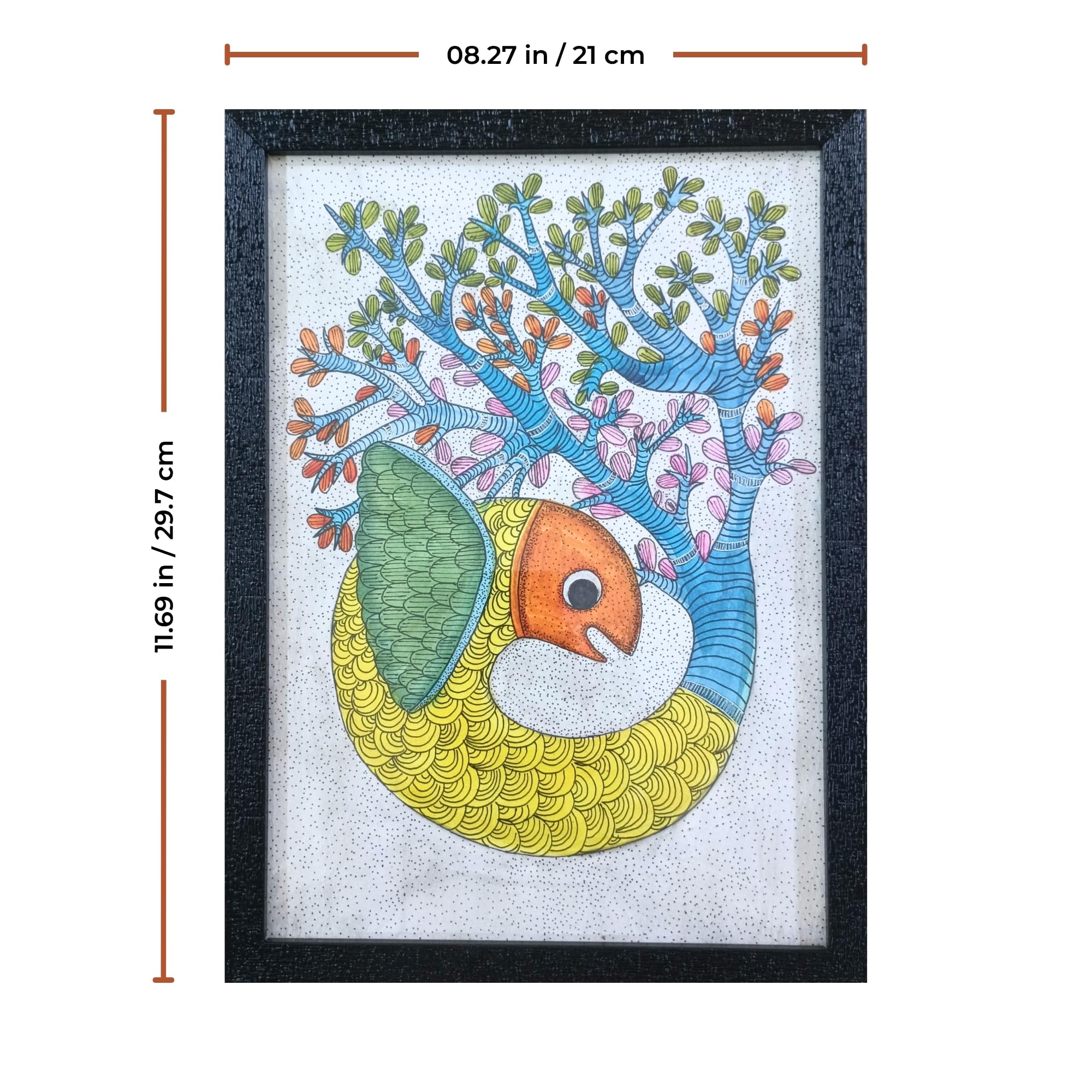 Hand Painted Gond Art Painting | 21 × 29.7 cm (A4) | Framed Ready
