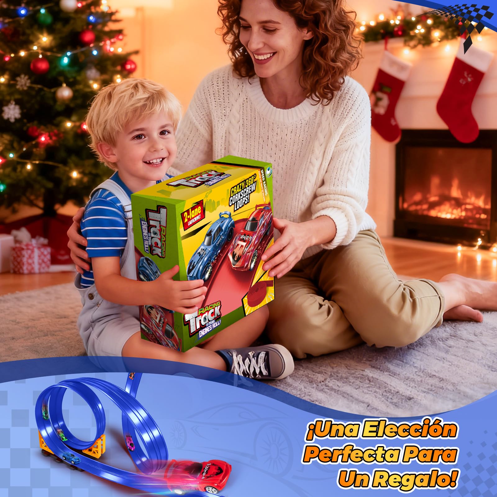 Pista Coches Flexible, 5M Circuito Coches Flexible Portátil con 6 Coches de Juguete 1 Bolsa de Almacenamiento 2 Rampas 4 Ventosas Flexible Car Track para Niños 4 5 6 7 Años (Azul)