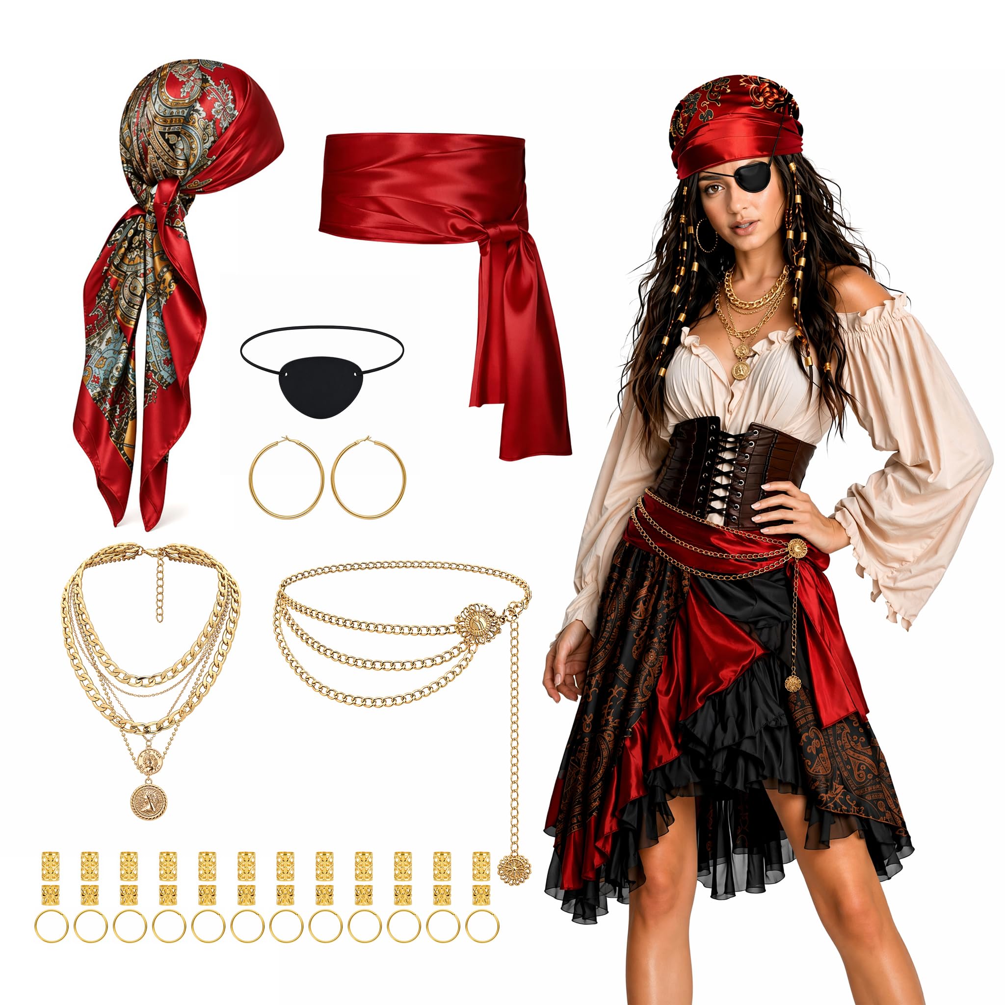 7 Pcs Pirate Costume Accessories Set For Women,Girls Pirate Outfit For Halloween Party,Womens Pirates Costumes Waistcoat In Cosplay Party,Ladies & Women's Pirate Headscarf Adult For Stage Performance