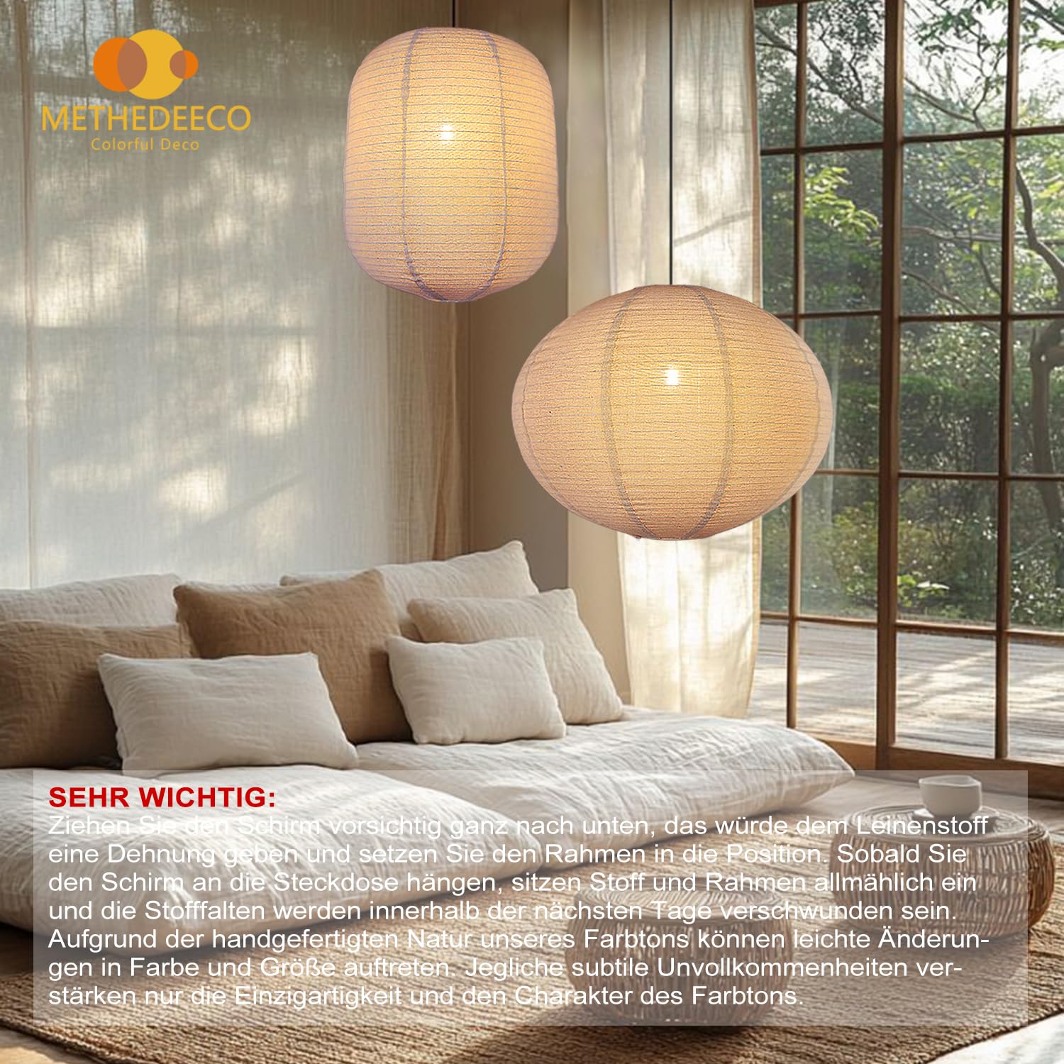 METHEDEECO 2er Set Pendelleuchtenschirm 50 x 39 cm, ovaler Lampenschirm für Hängelampe in Leinenoptik, großer Lampenschirm beige natur, nur Schirm für Wohnzimmer Schlafzimmer Esszimmer