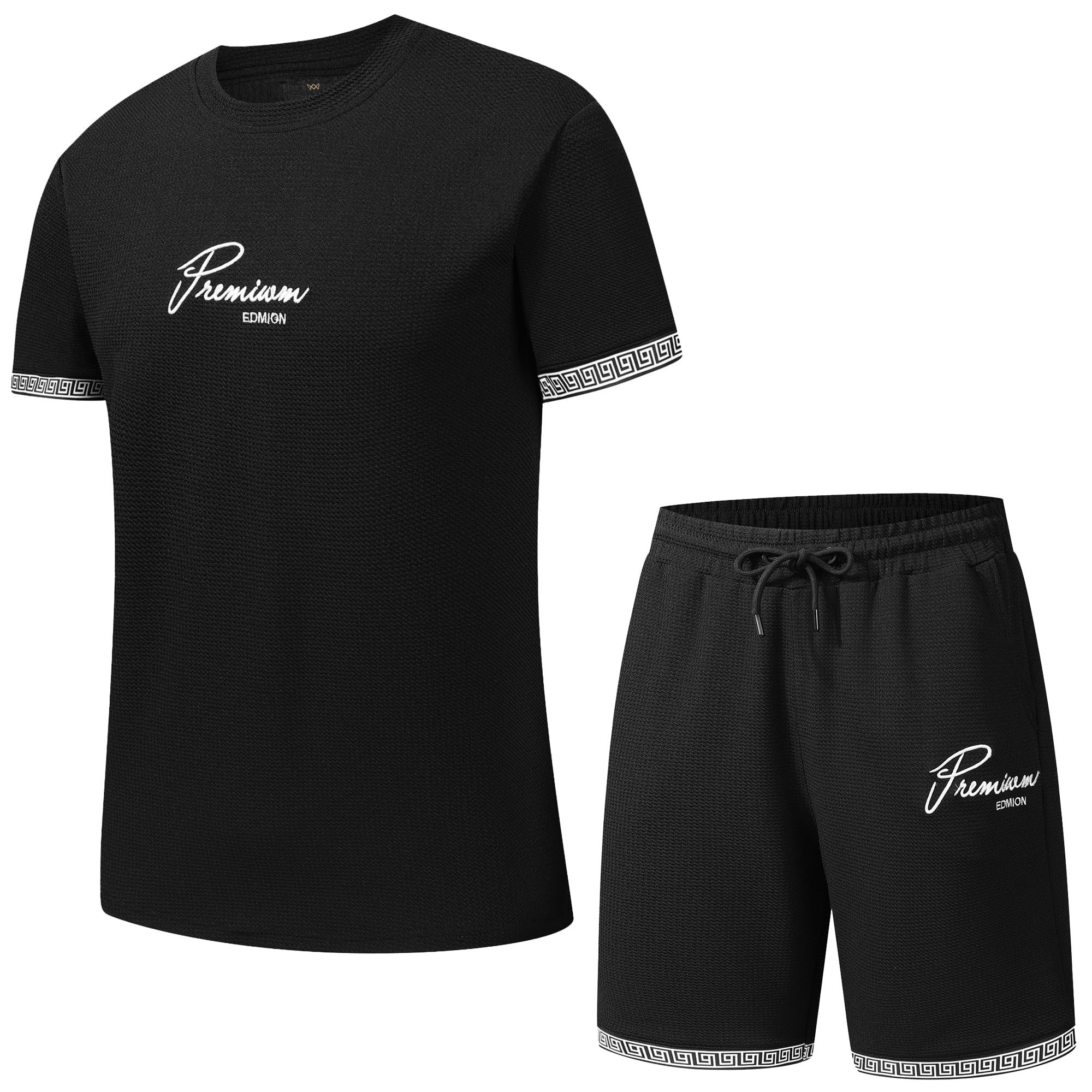 Vibes Men's T-Shirt & Shorts Set Mens Summer Tracksuit Textured Waffle Material Premium Short and T Shirt Summers Outfit for Men Size S M L XL XXL (Black, S)