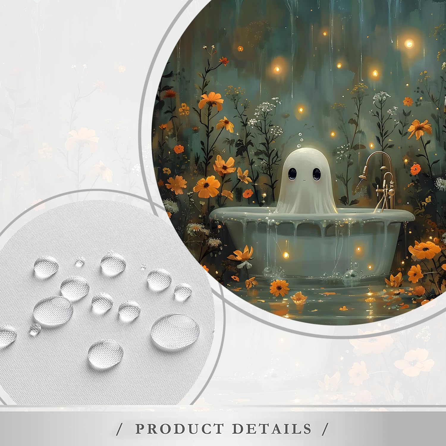 Halloween Spooky Shower Curtain Cute Ghosts Rustic Floral Plants Night of Horror Funny Polyester Fabric Bathroom Decor Set with Hooks 70X96 Inch