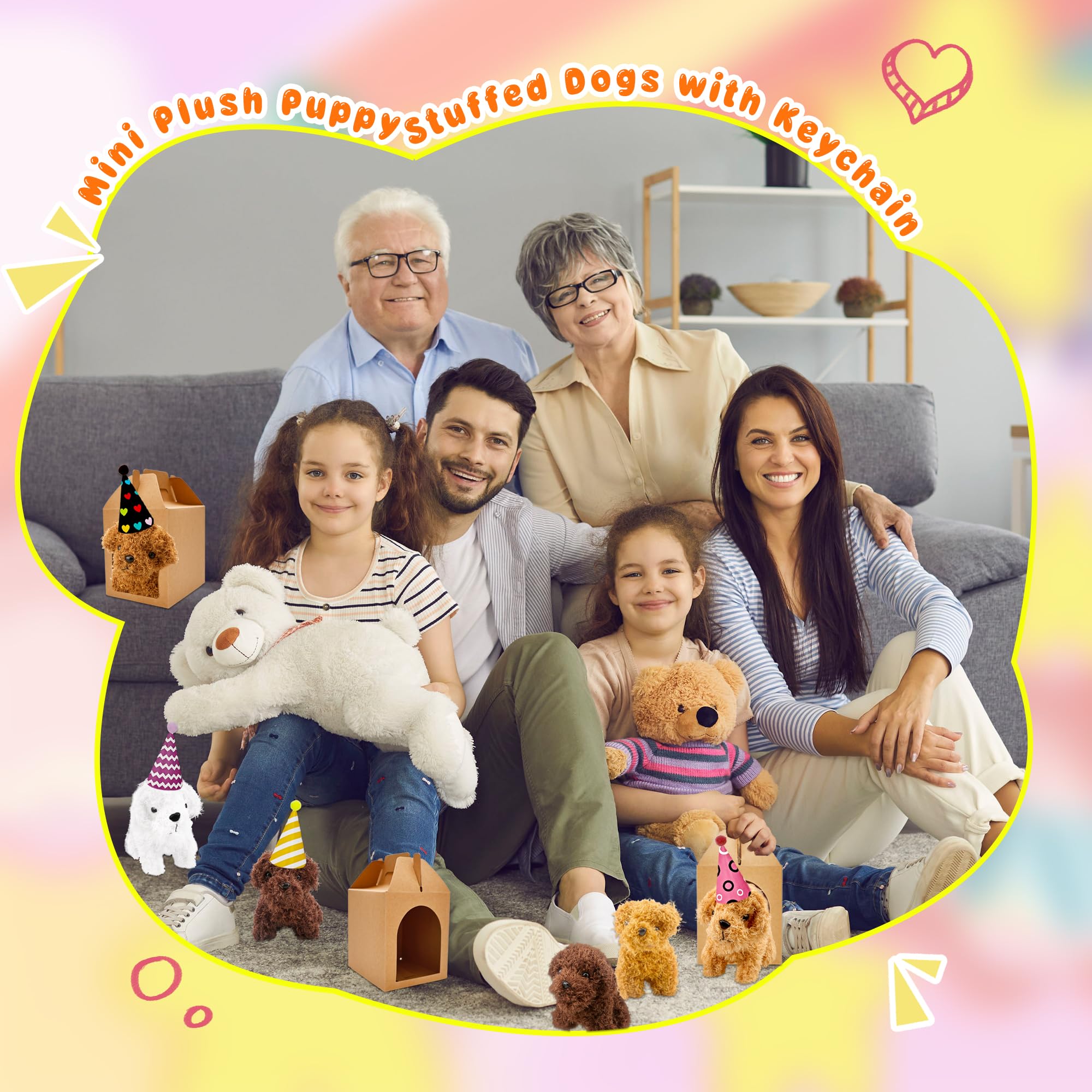 Haconba Juego de 12 recuerdos de fiesta de perro de peluche con 12 mini animales de peluche de peluche, 12 sombreros de cumpleaños y 12 cajas de papel kraft para adoptar una mascota suministros de