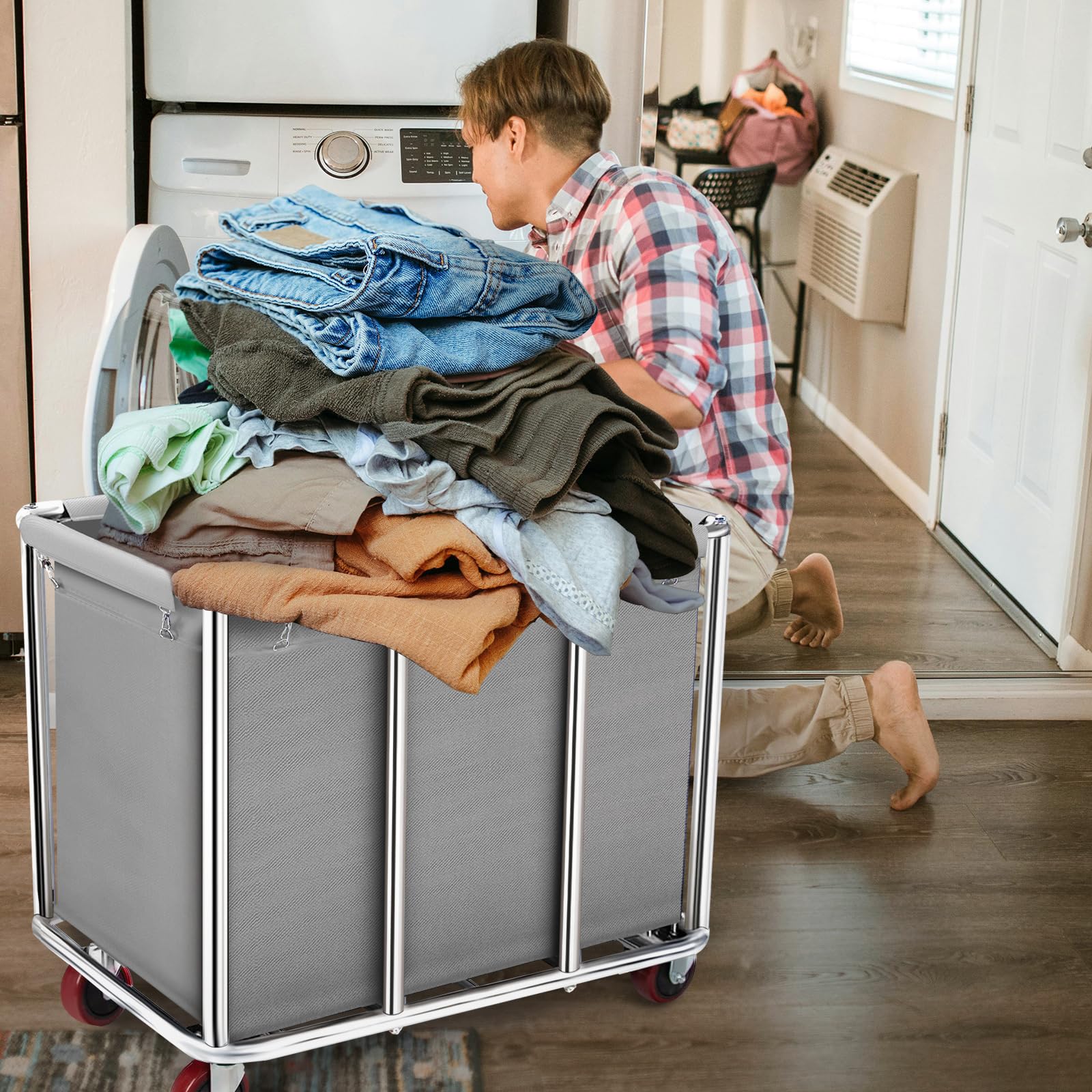 Carrello portabiancheria commerciale, grande 400 litri con tela impermeabile rimovibile, cesto portabiancheria in acciaio inossidabile resistente con ruote per hotel e ospedale, carico di 199,6 kg