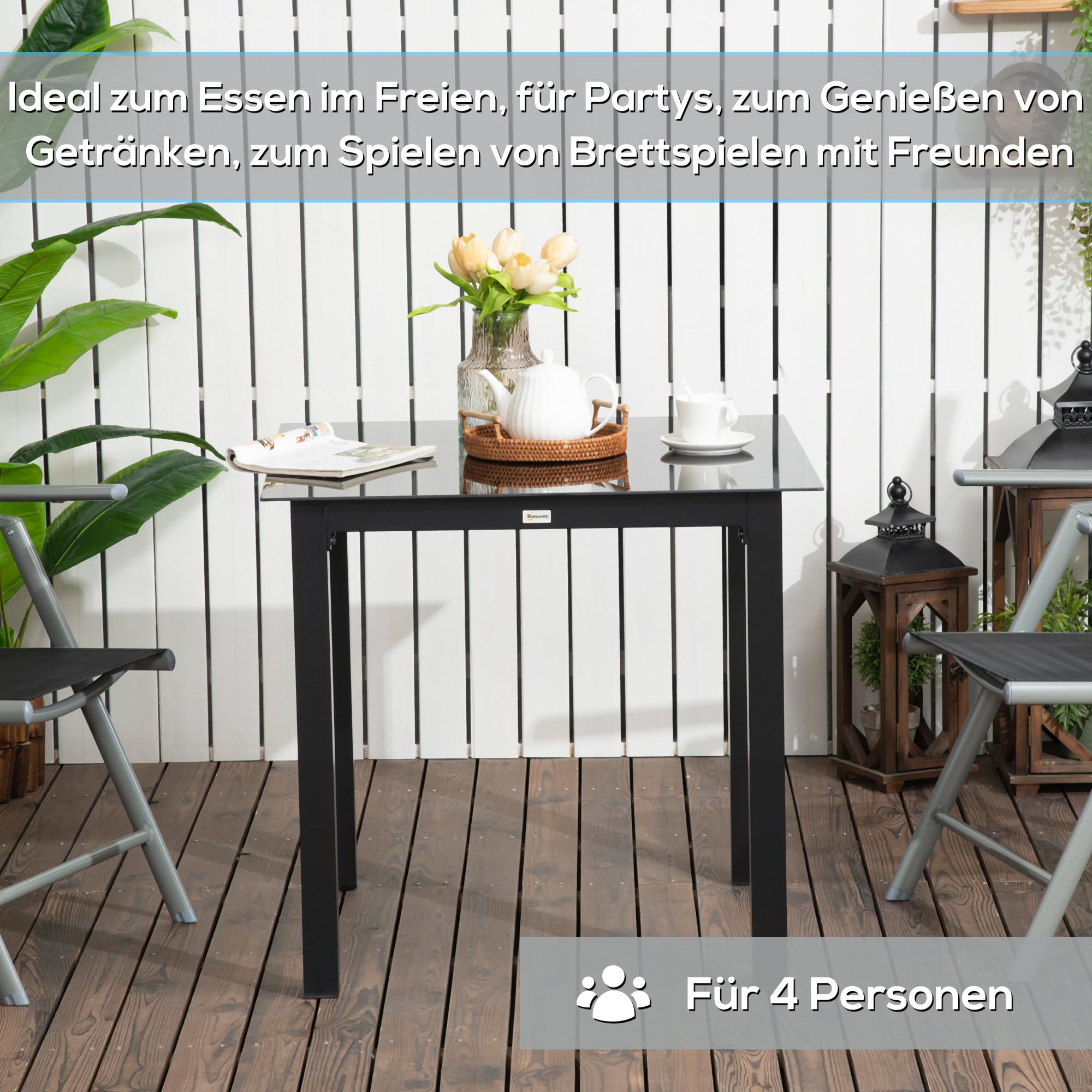 Outsunny Gartentisch, Balkontisch Hartglasplatte, 80 x 80 x 74 cm, Schwarz | Quadratischer Esstisch für Garten, Für 4 Personen, Terrassentisch, Alu