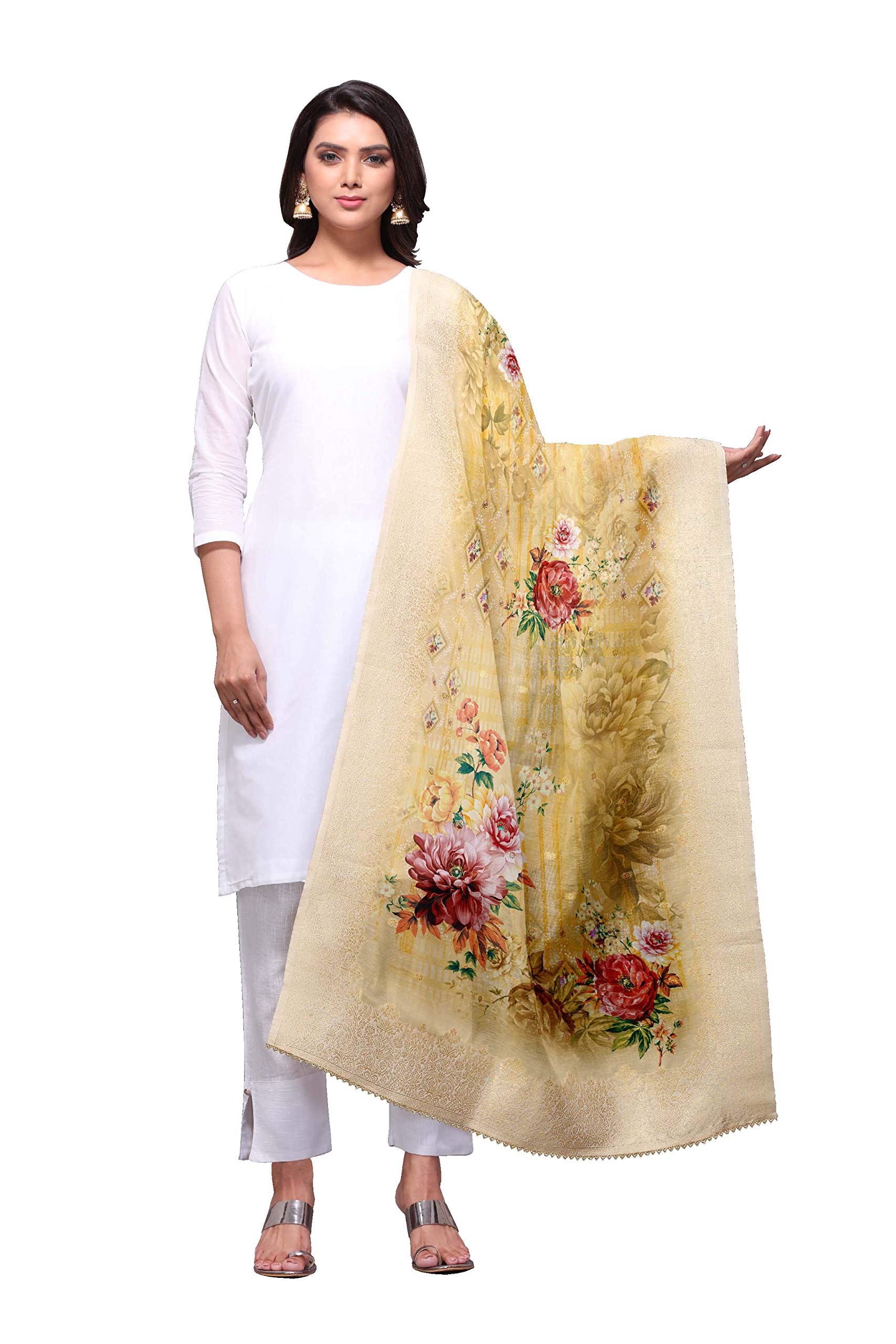 ™ Jacquard Banarasi Silk Floral Dupatta for Women (Free Size) (Gold)-image-25