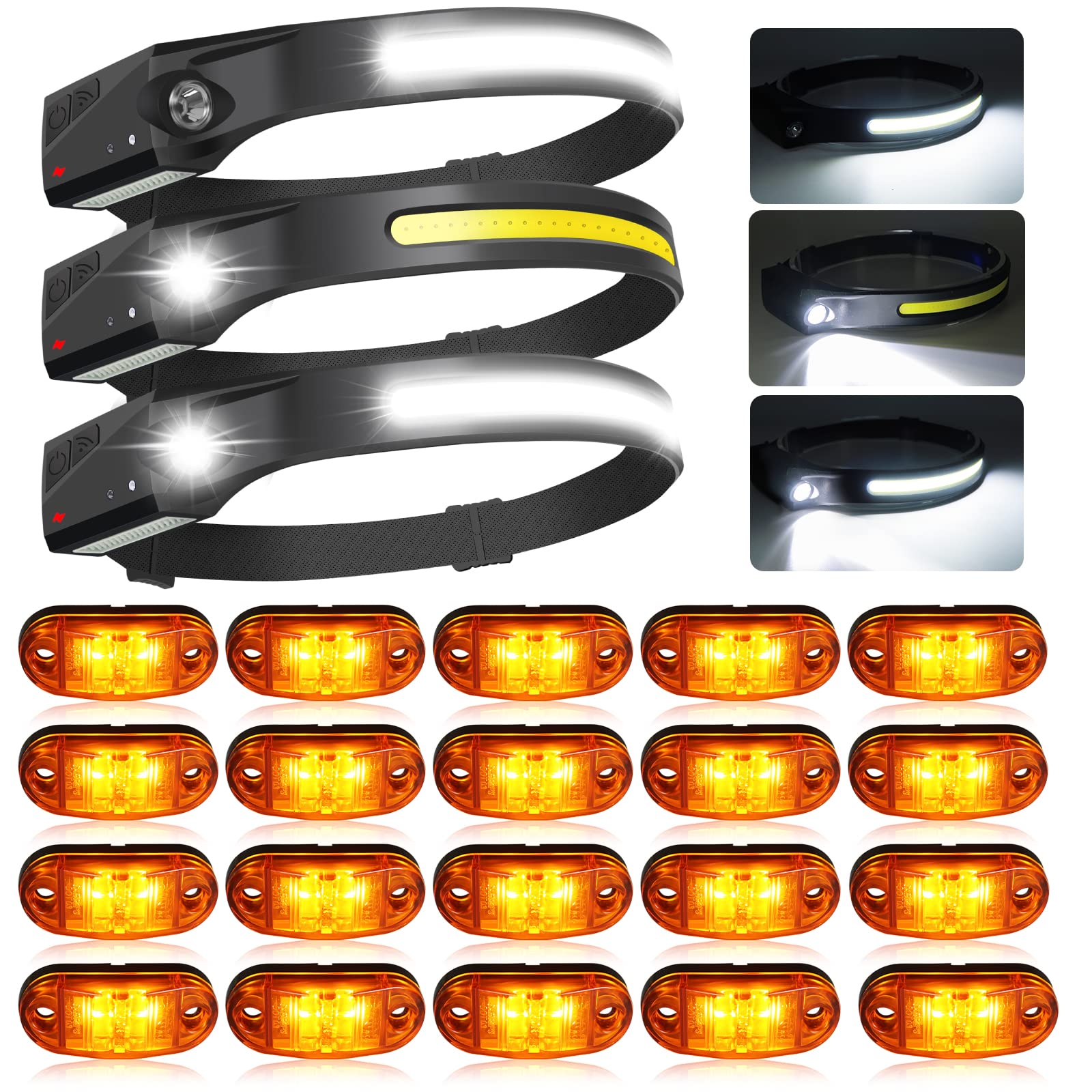 PSDRIQQ 20Pack Amber LED Trailer Lights Side Marker Clearance Indicators Light Lamp, 3Pack LED Headlamp Rechargeable Head Lamp Flashlight Headlight