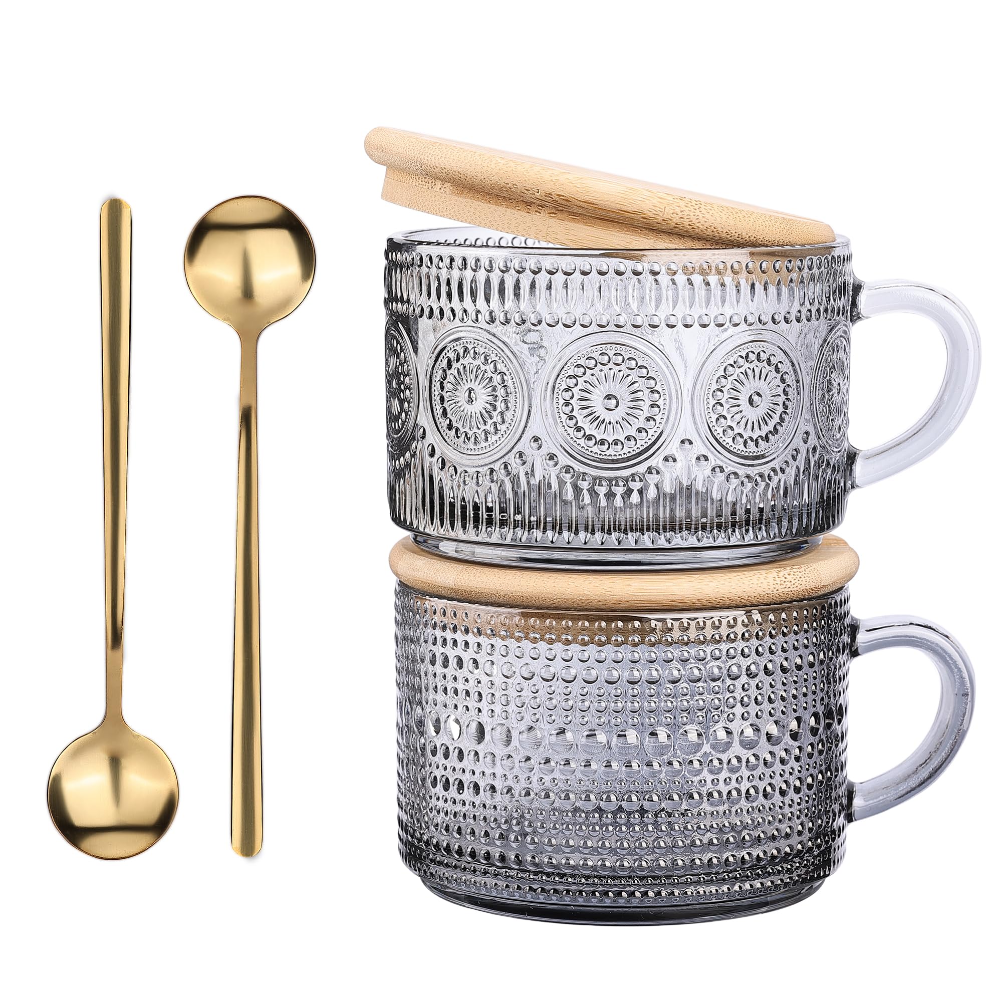 Set di 4 tazze da caffè vintage in vetro trasparente goffrato, con coperchi e cucchiai in bambù, perfette per cappuccino, latte, avena notturna, cereali e yogurt