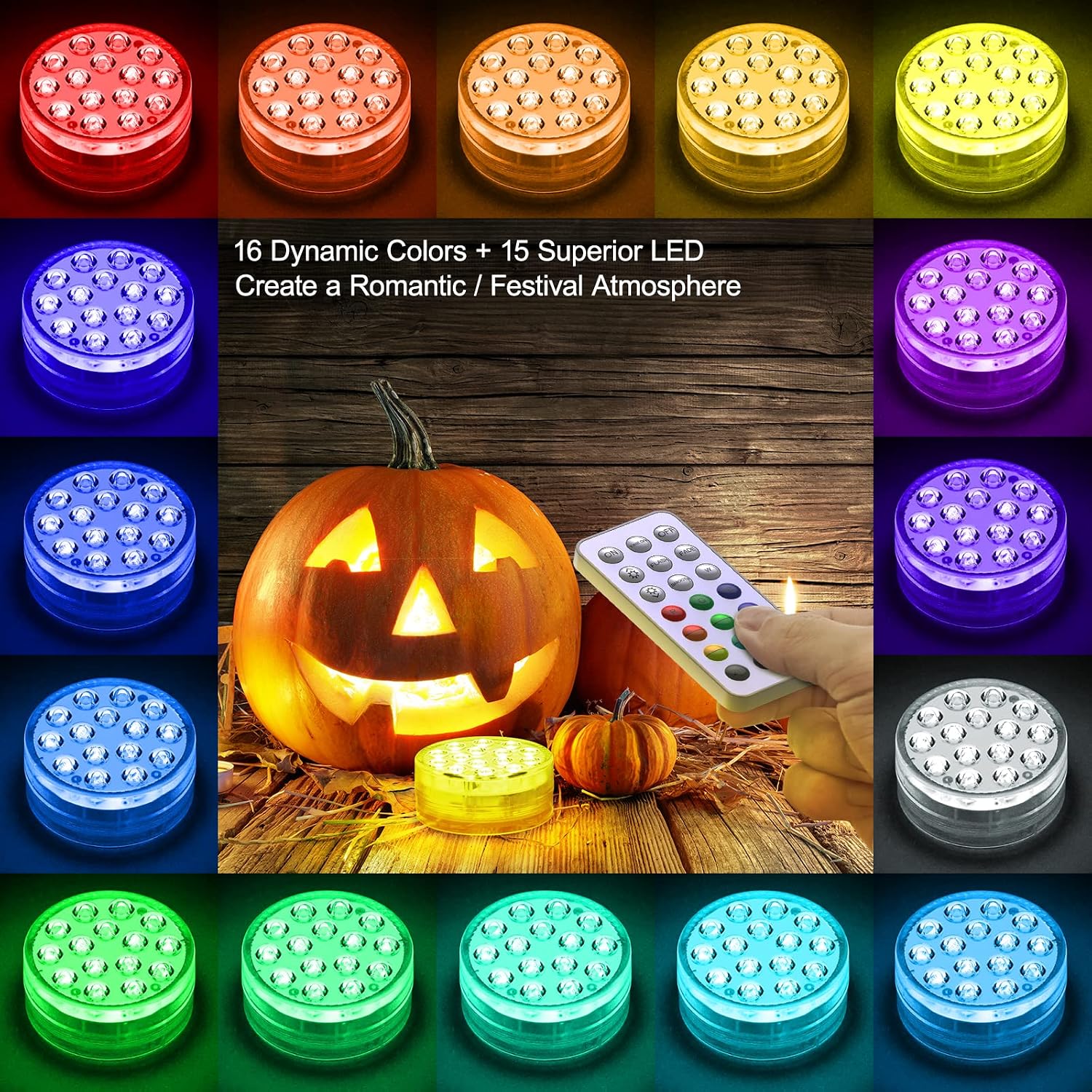 Ruyilam Halloween Pumpkin Lights, 2 PCs 15 LEDs Battery Powered Remote Control Underwater IP68 Waterproof Magnetic Bathtub Light with Suction Cup for Aquariums Garden Party