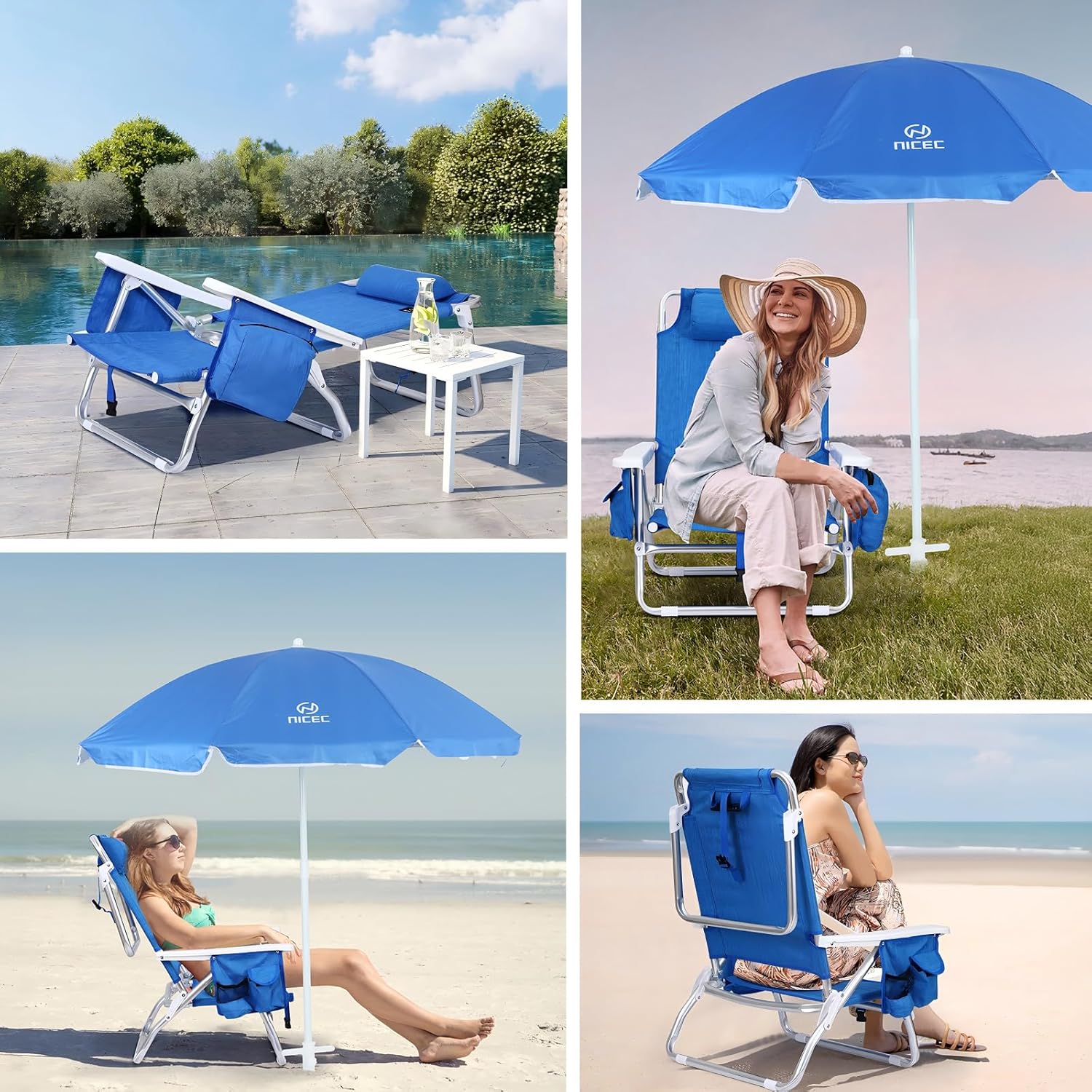 Nice C Blue Backpack Beach Chair with Cooler and Umbrella, 5 Position Reclining Beach Chair for Adults, with Cup Holder, Canopy Shade, Cooler Bag, for Outdoor, Camping, Travel, Picnic (2 Pack, Blue)