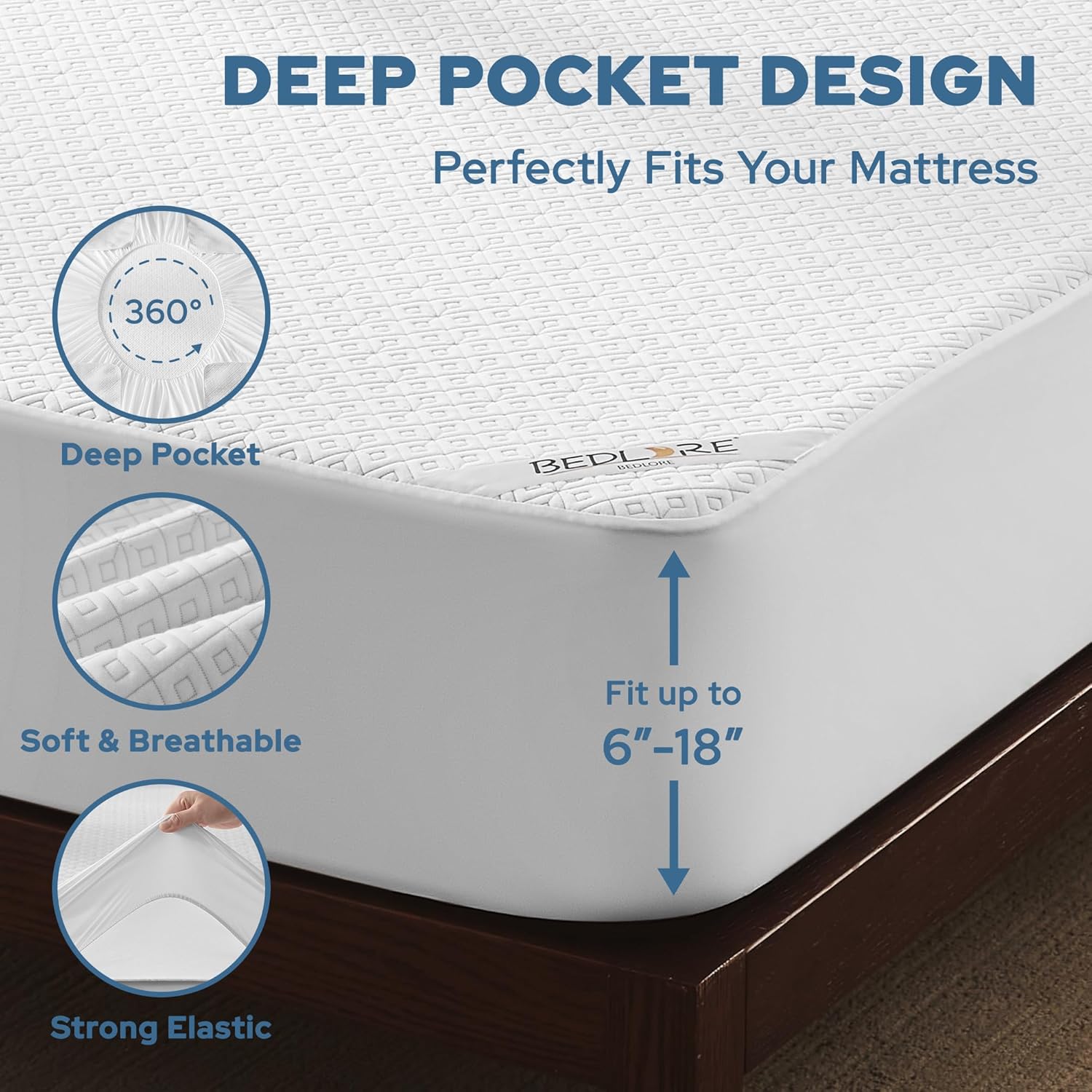 BEDLORE King Mattress Protector, Waterproof Noiseless Mattress Cover with Deep Pocket for 6-18 inches Mattress, Soft Breathable Mattress Pad Machine Washable (White) - Image 6