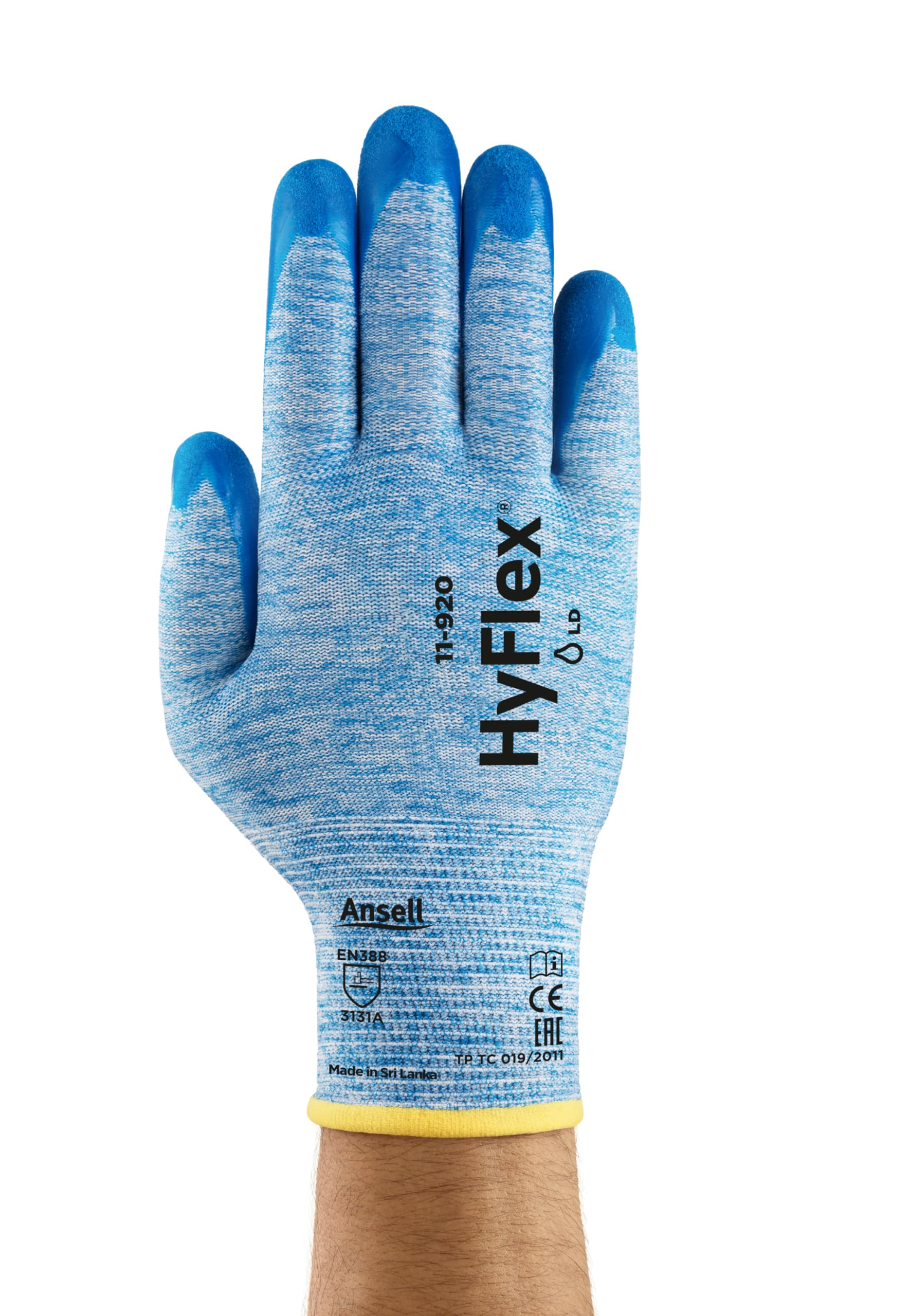 Ansell HyFlex 11-920 Guantes de Trabajo, Agarre de Alto Rendimiento y Repelencia al Aceite, Excelente Destreza y Sensibilidad, Protección Mecánica, Azul, Talla 2XL (12 Pares)
