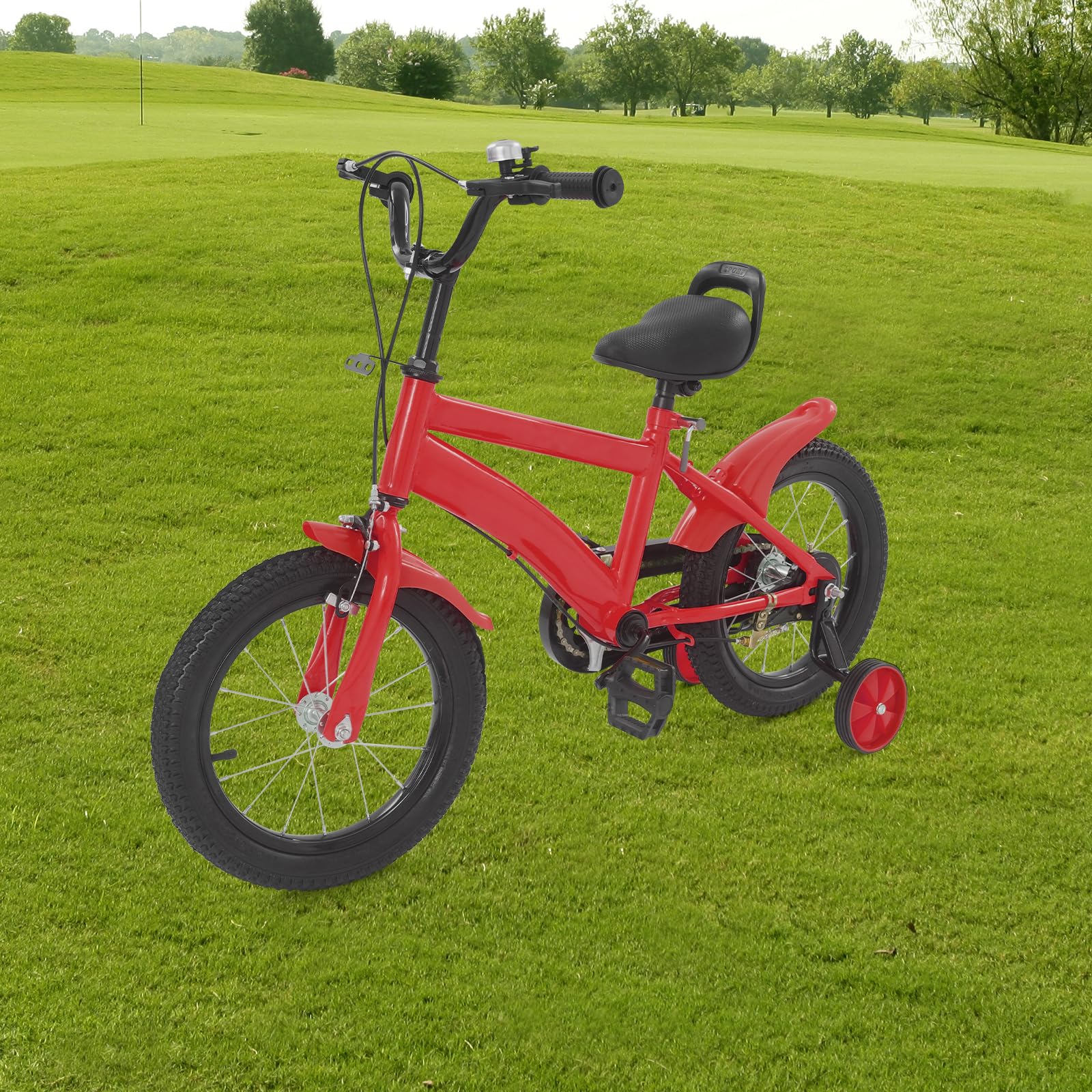 Bicicleta infantil de 14 pulgadas, color rojo, para niñas y niños a partir de 3 a 6 años, altura ajustable con ruedas estabilizadoras, freno de mano y guardabarros, de acero al carbono, regalo