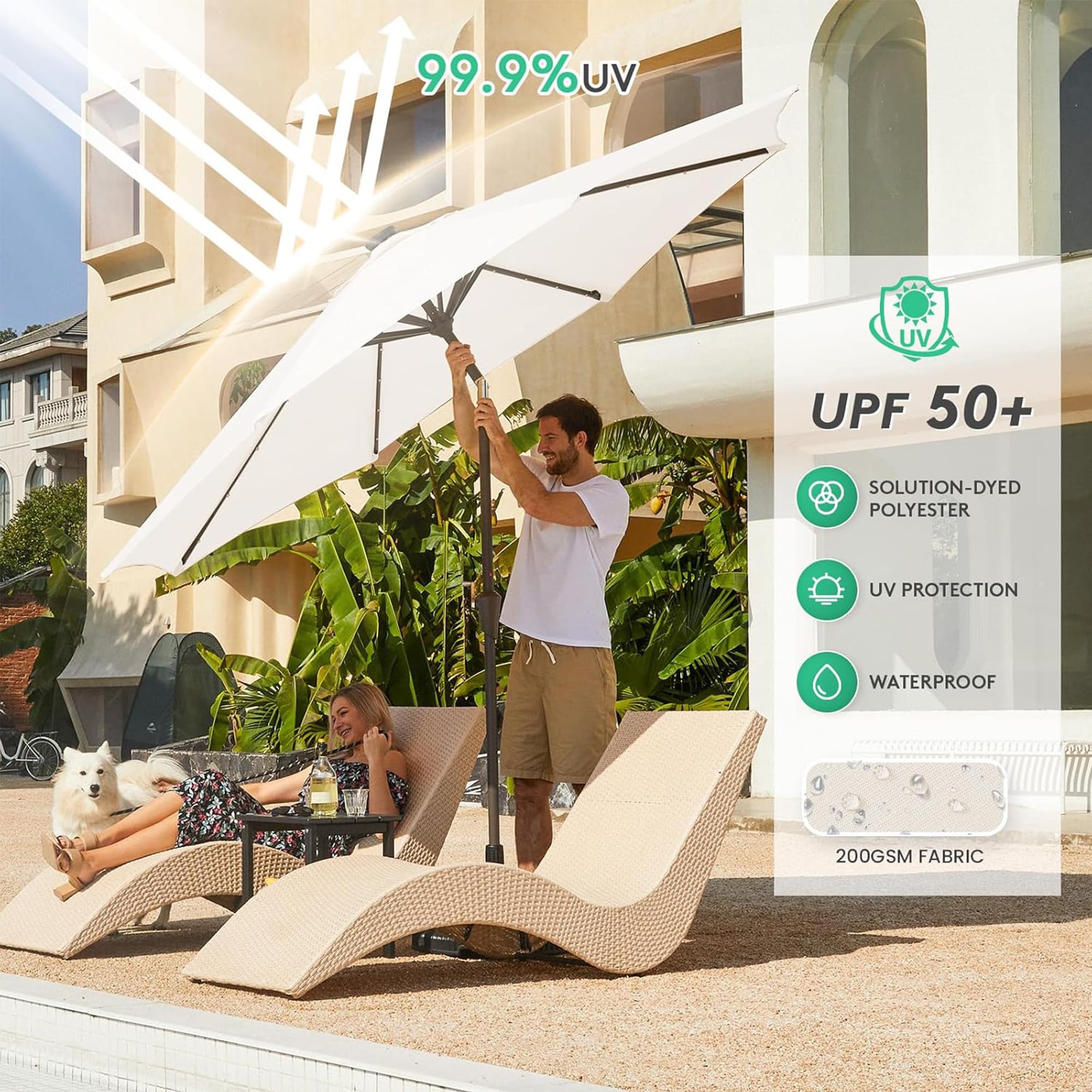 Parasol ogrodowy z oświetleniem LED, 9 m, regulacja nachylenia, system podnoszenia korby, 8 żeber, na taras, basen i balkon