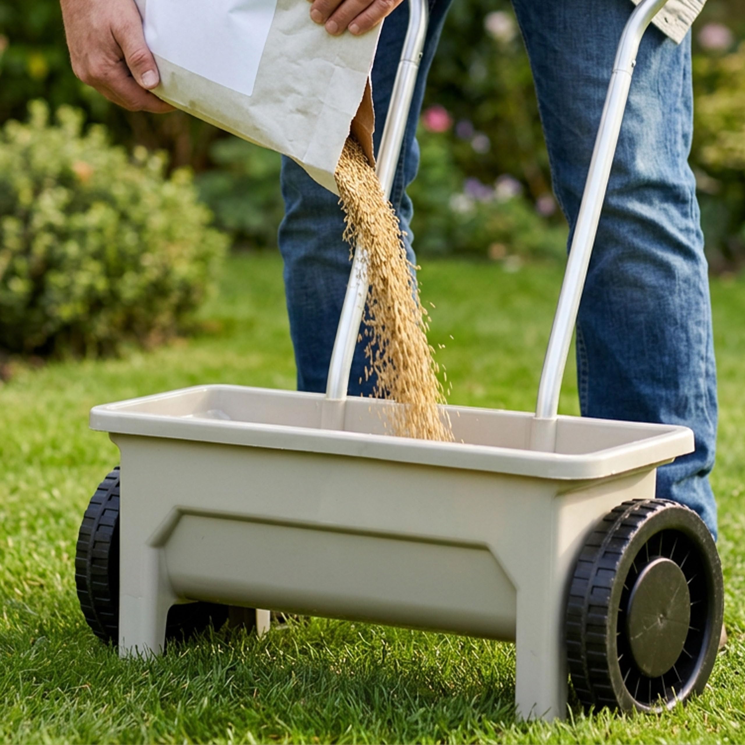 Garden Rasen Sämaschine auf Rädern, Düngewagen streuwagen rasen, Saatgut, Sand, Salz 12L, Streukontrolle, Universal Handstreuer bis zu 5kg Belastungt