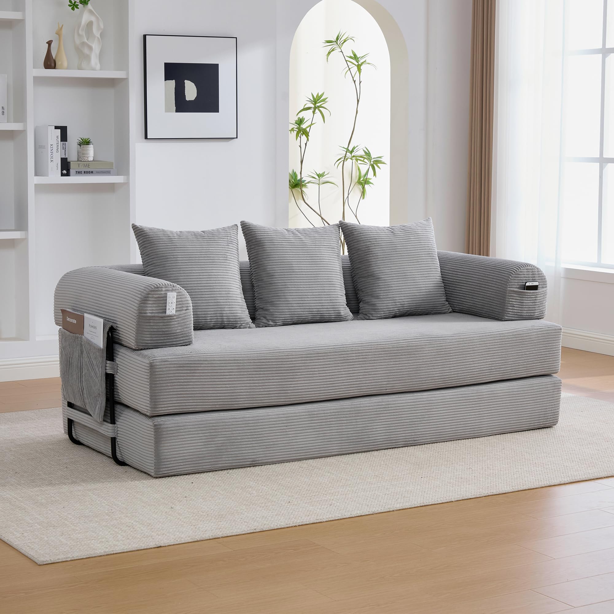 Sofá Cama Plegable con Respaldo y Almohada, Pana, Gris Claro | Para Salón Dormitorio, Sofá Matrimonio Convertible con Bolsa de Almacenamiento, Con Estructura de Metal y Reposabrazos