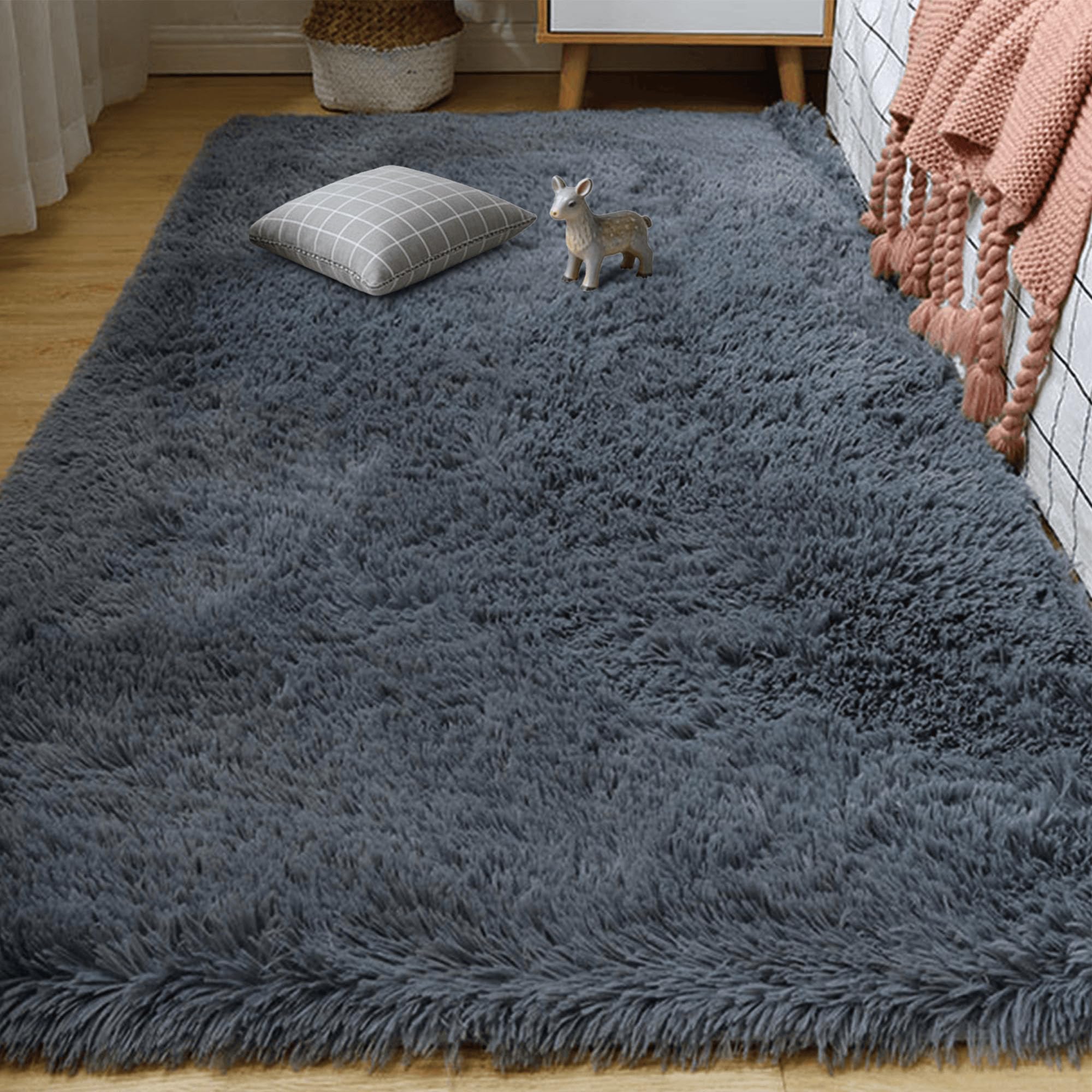 Grand tapis salon 240 x 240 cm gris foncé shaggy antidérapant pour chambre