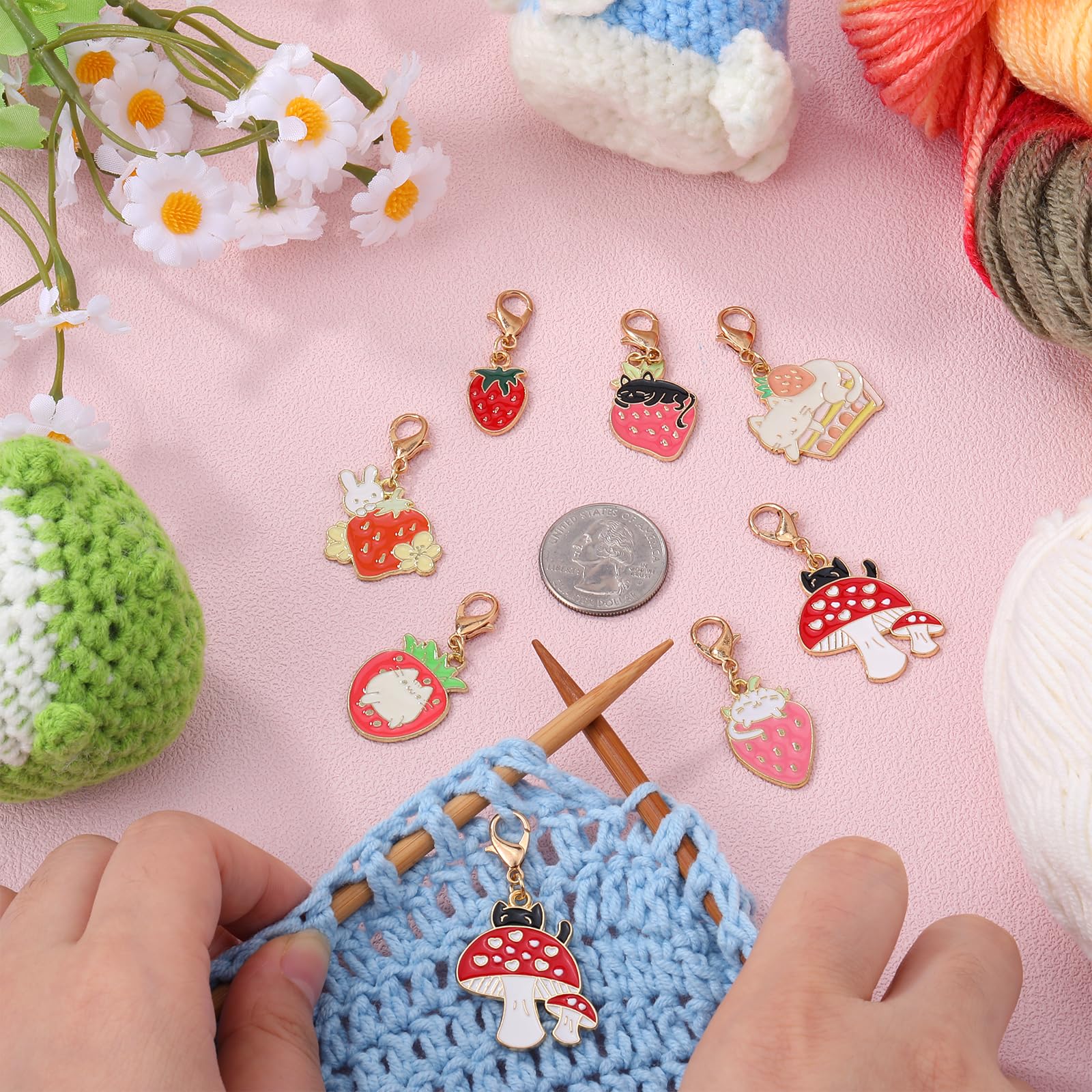 COGCHARGER 14Pcs Cat Strawberry Rabbit Mushroom Stitch Markers Alloy Enamel Removable Crochet Knitting Markers with Lobster Clasp Charms for Sewing Knitting Weaving Accessories DIY Craft - Image 4