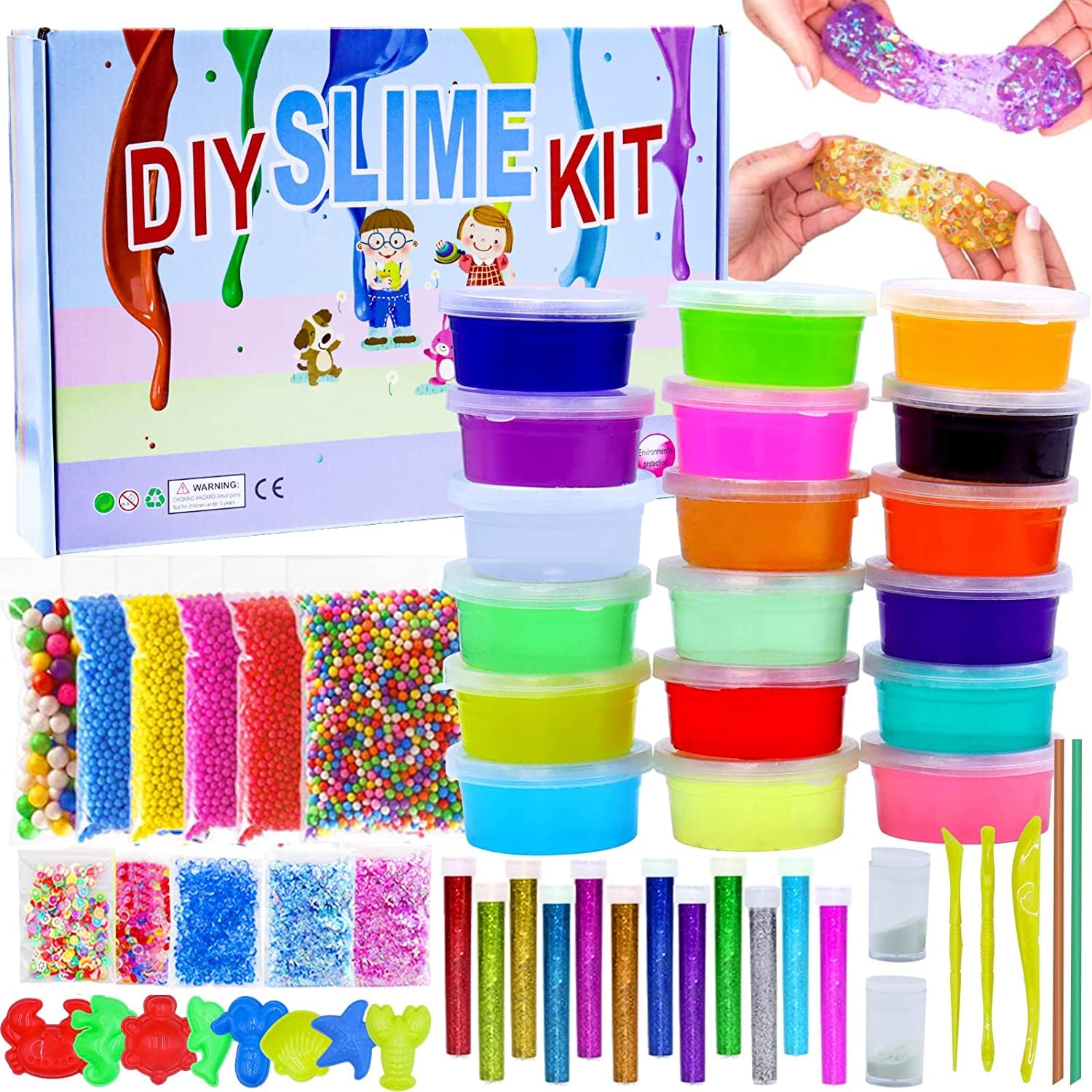 Crystal Clear Slime Kit, Non-Sticky Slime for Kids Spark to Creativity with Glitter Powder, Luminous Patches, Foam Balls and More, Diy Kit for Education, Stress Relief & Fun