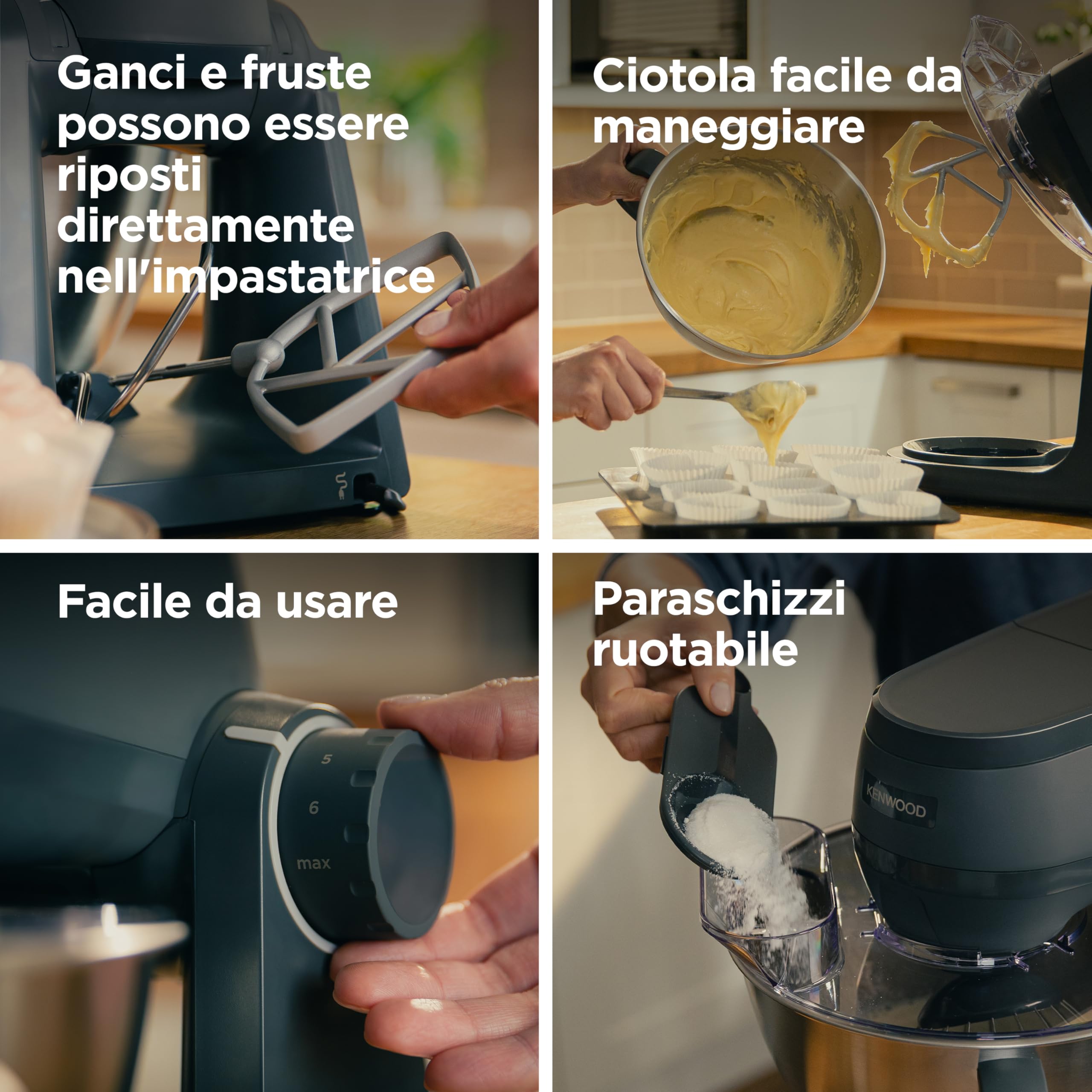 Kenwood Multi Tasker - Impastatrice Planetaria Multifunzionale con accessorio Frullatore, Robot Cucina e spremi agrumi, 1.7kg di Impasto Pane e Pizza, Paraschizzi con Misurino, Grigia (KHC30.050GY)