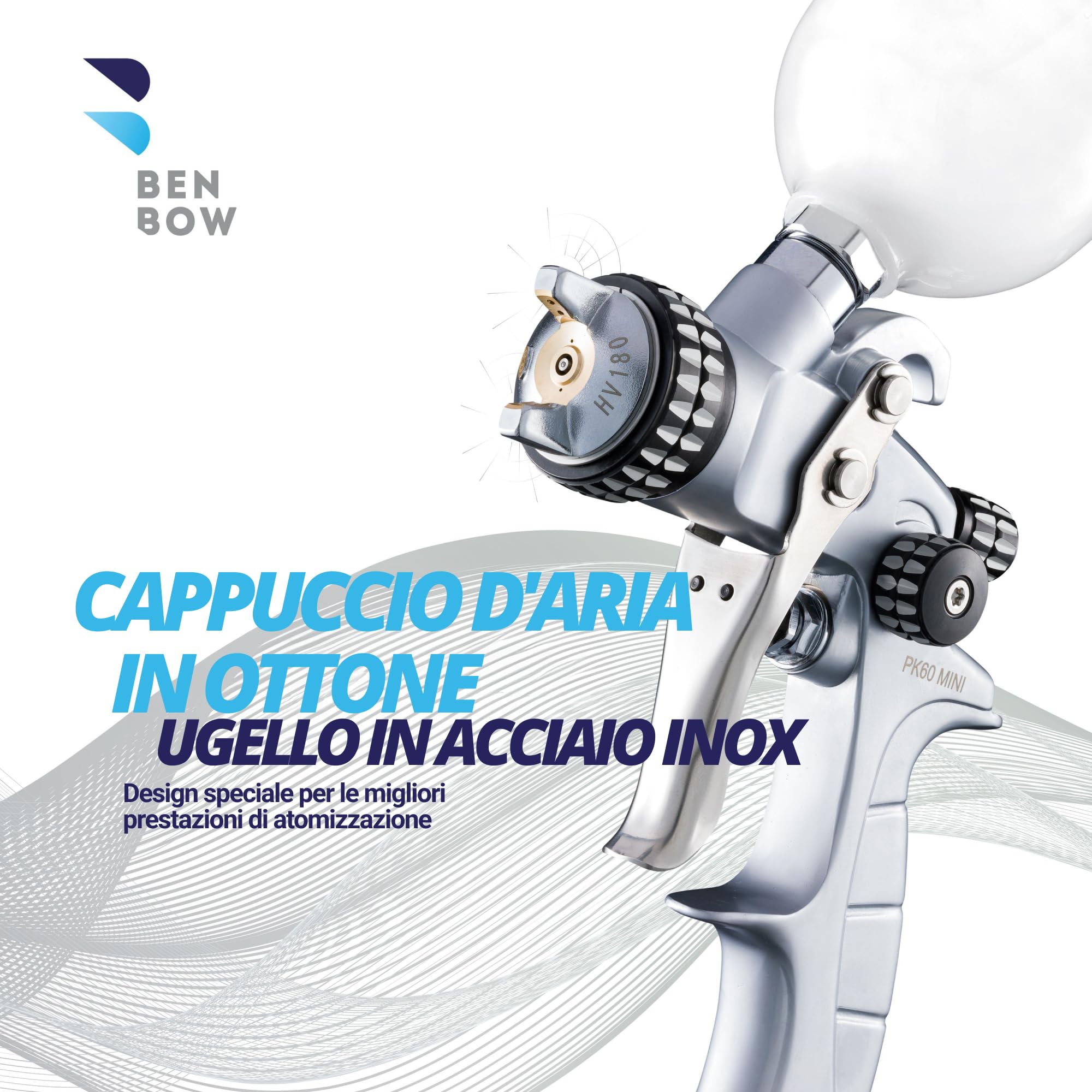 BenBow Pistola a spruzzo PK60 Mini, Ugello da 1,2 mm, Qualità professionale, Pistola a spruzzo per verniciatura, Verniciatura di piccole aree e dettagli precisi