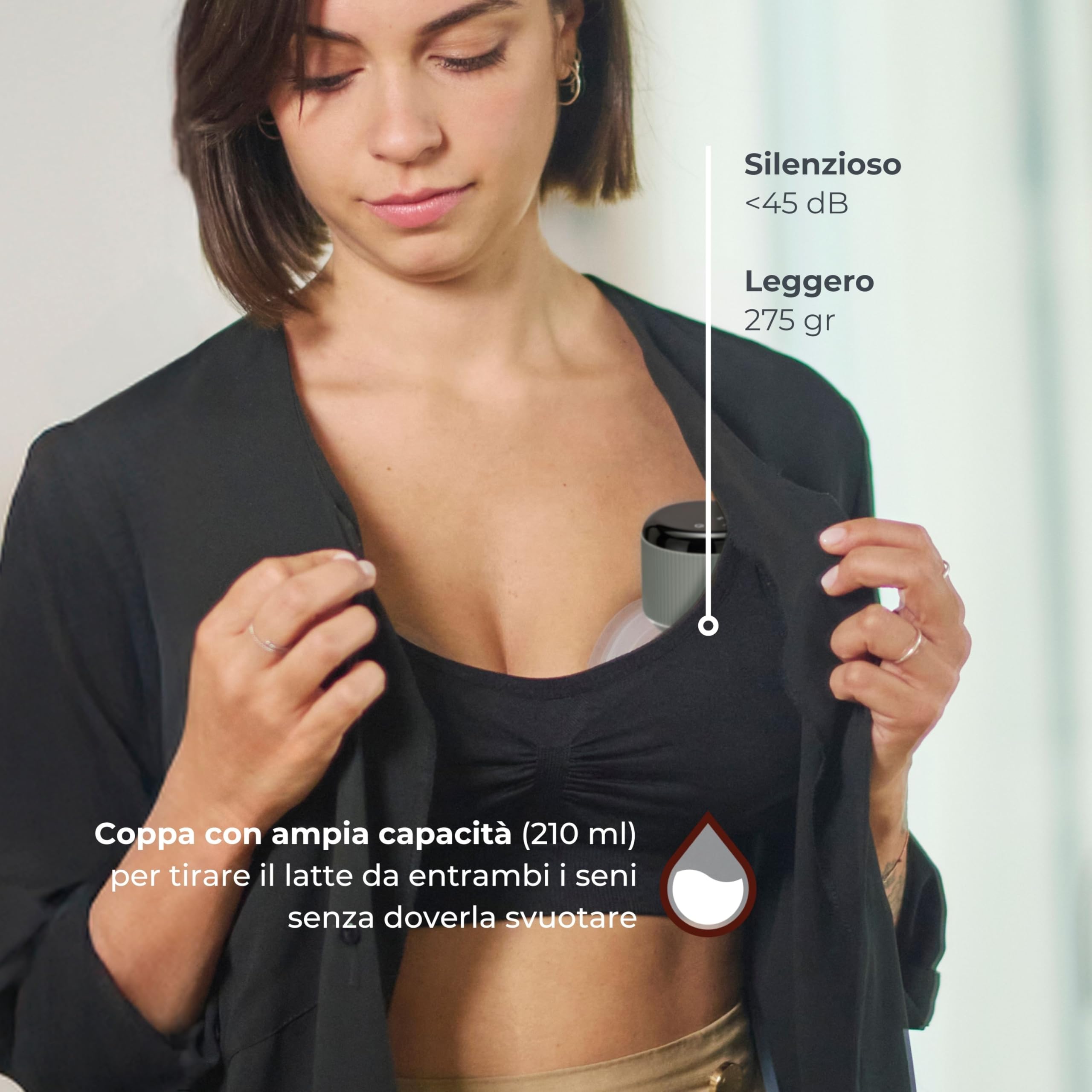 Nuvita 1260W Tiralatte Elettrico Indossabile Singolo 3 Fasi – Portatile con Batteria Ricaricabile USB-C, Funzione Anti-Stasi, Ideale per Capezzoli Piatto/Inversi, Coppa Silicone 24mm con Riduttori