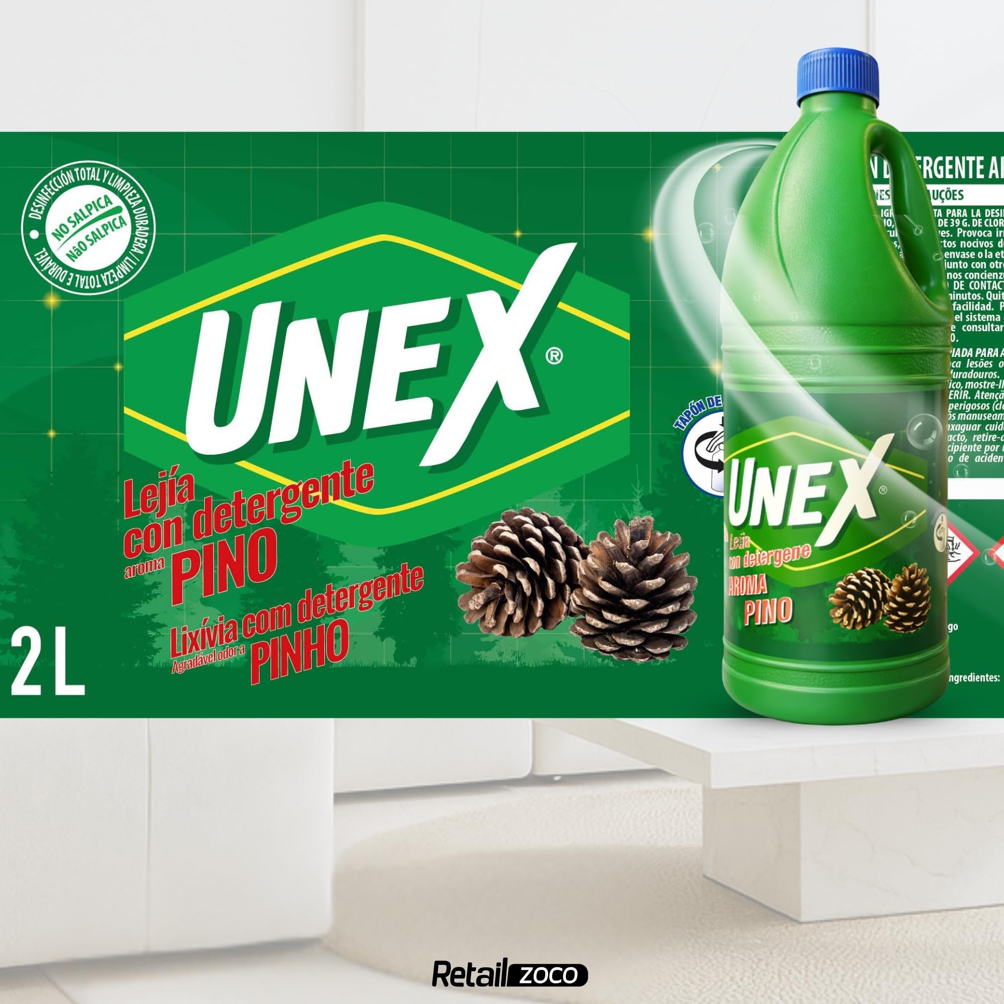 Lejía con Detergente Pino, Desinfectante Superficies, Uso en Baño, Cocina, Azulejos, Suelos, Aptas para Desinfección y limpieza, Combate los malos olores con fragancia fresca, 1 botella de 2 Litros